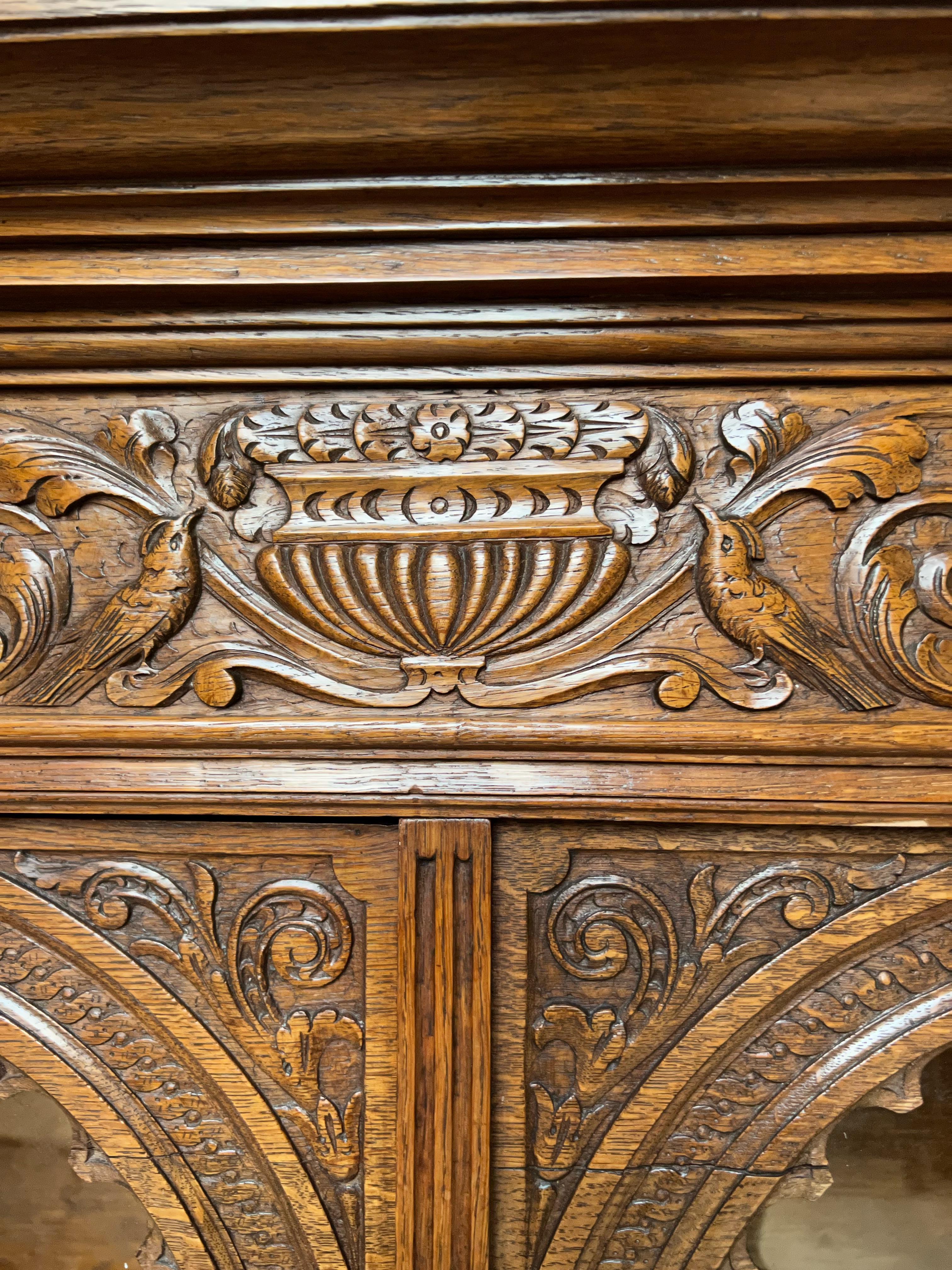 19th Century Stunning Hand Carved Dutch Renaisssance Oak Bookcase / Cabinet w. Glass Windows For Sale