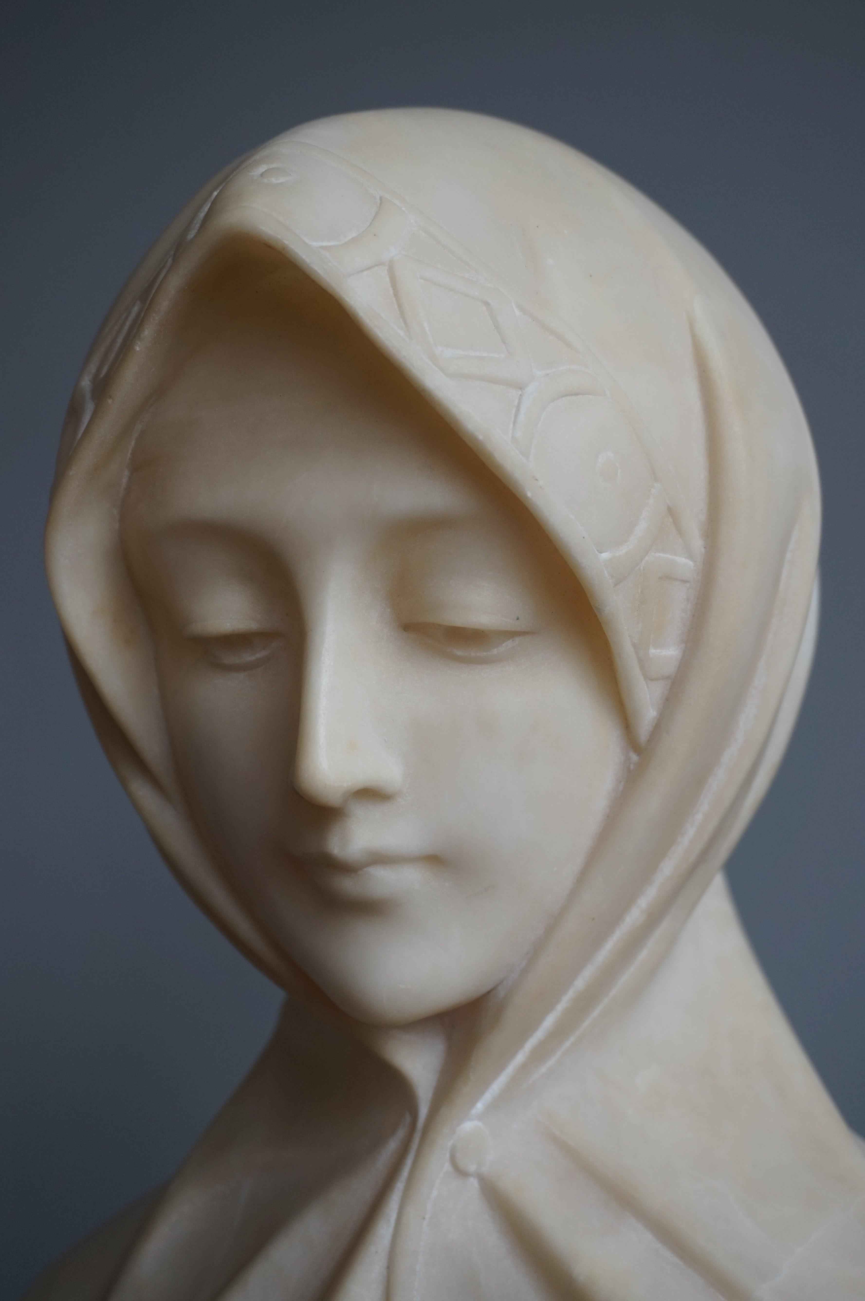Stunning Hand Carved Early 1900 Alabaster Bust Sculpture of a Serene Lady 4