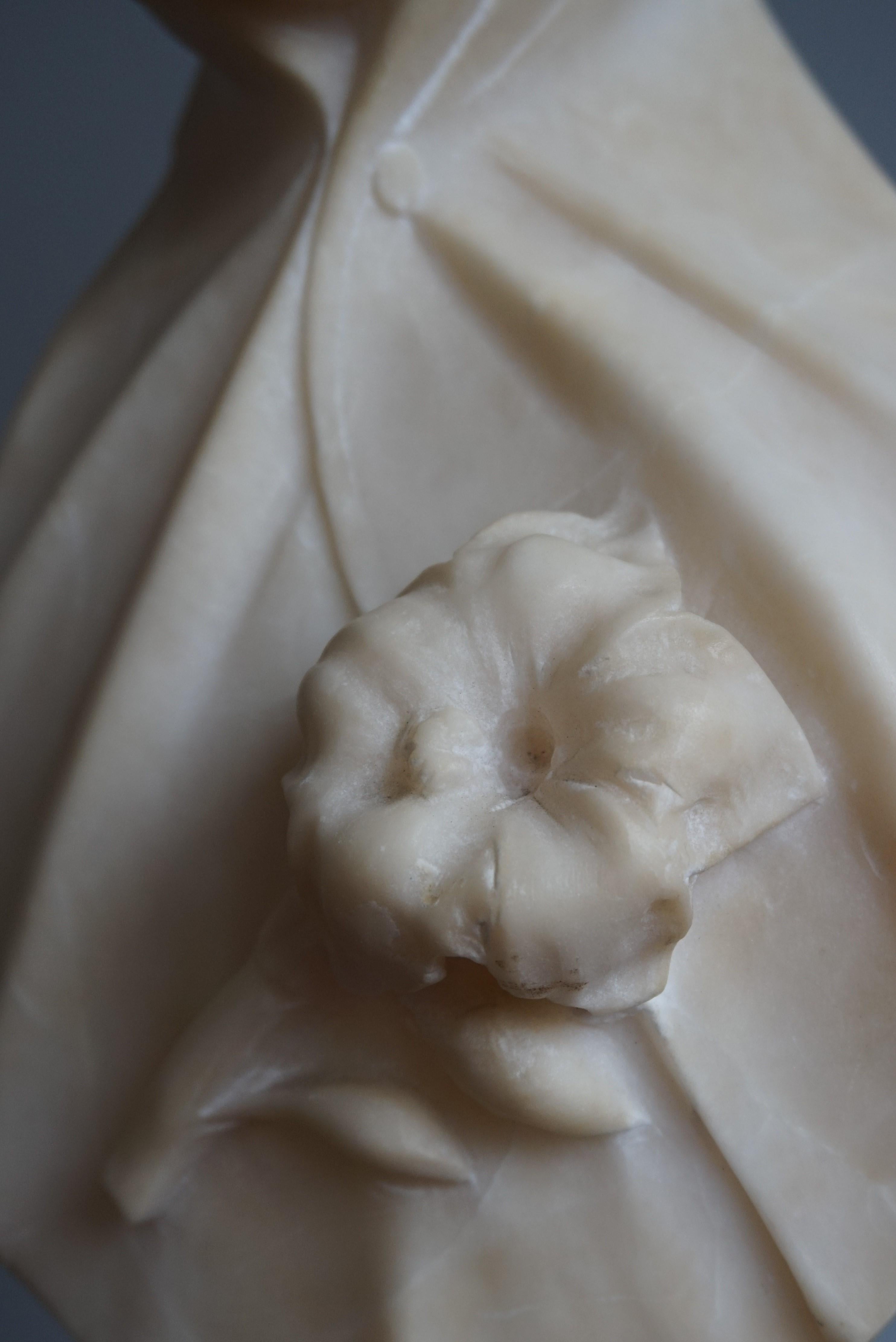 Stunning Hand Carved Early 1900 Alabaster Bust Sculpture of a Serene Lady 6
