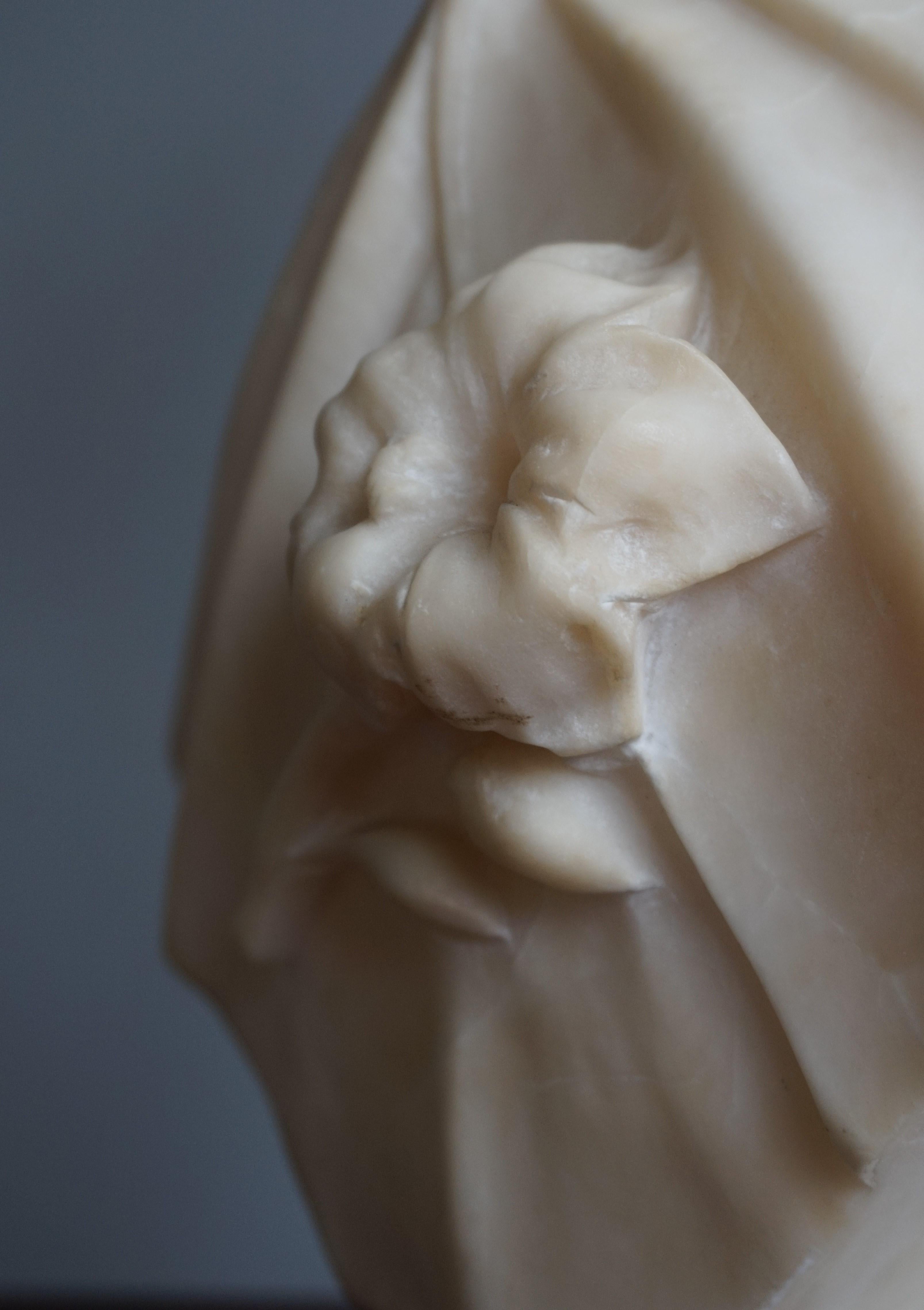 Stunning Hand Carved Early 1900 Alabaster Bust Sculpture of a Serene Lady 7