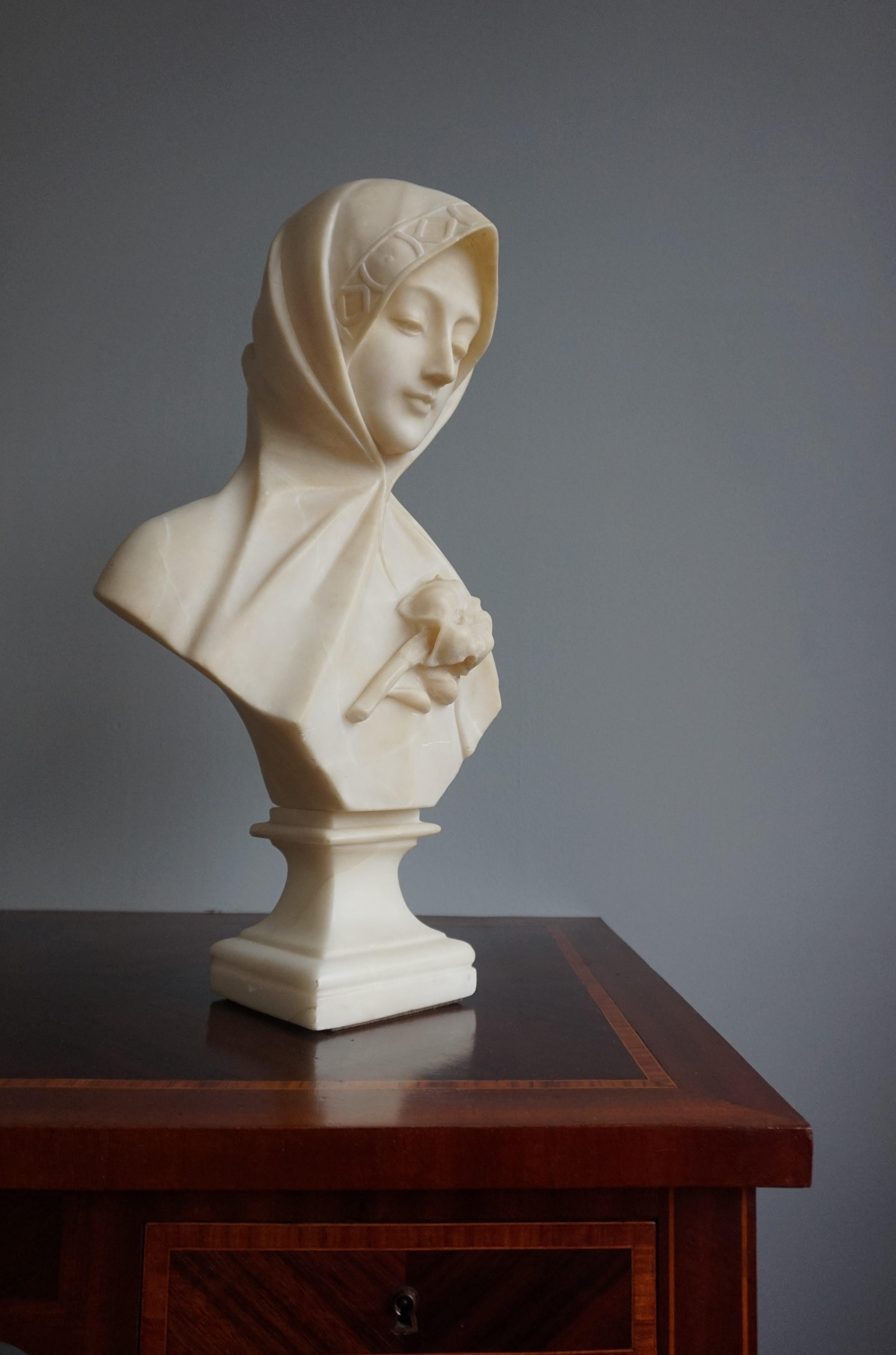 Stunning Hand Carved Early 1900 Alabaster Bust Sculpture of a Serene Lady 8