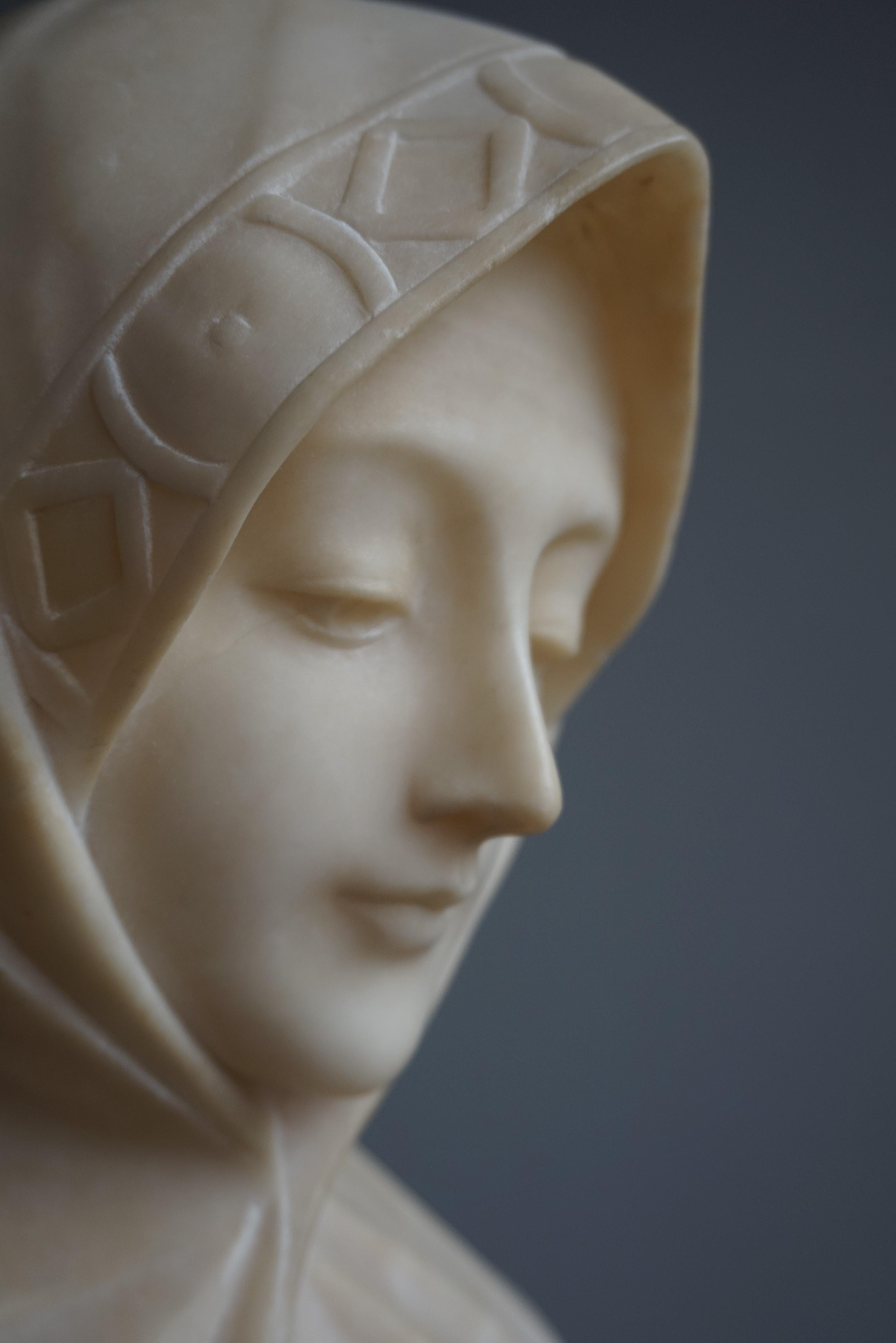 Stunning Hand Carved Early 1900 Alabaster Bust Sculpture of a Serene Lady 9
