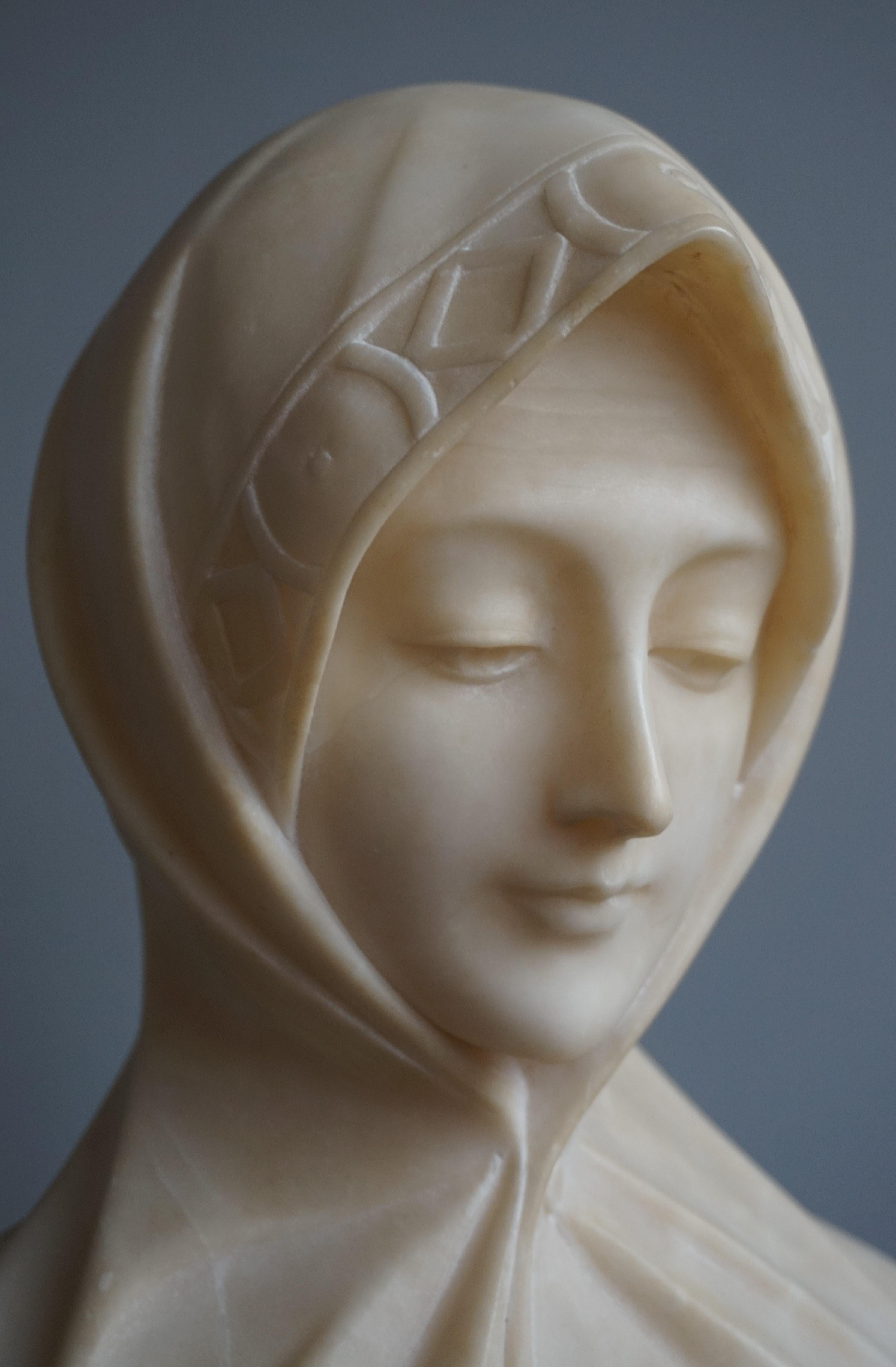 Top quality and good size sculpture of a beautiful and serene lady. 

If you are a collector of antique and top-quality works of art then this hand carved and saint-like lady sculpture could be flying your way soon. Over the decades we have owned