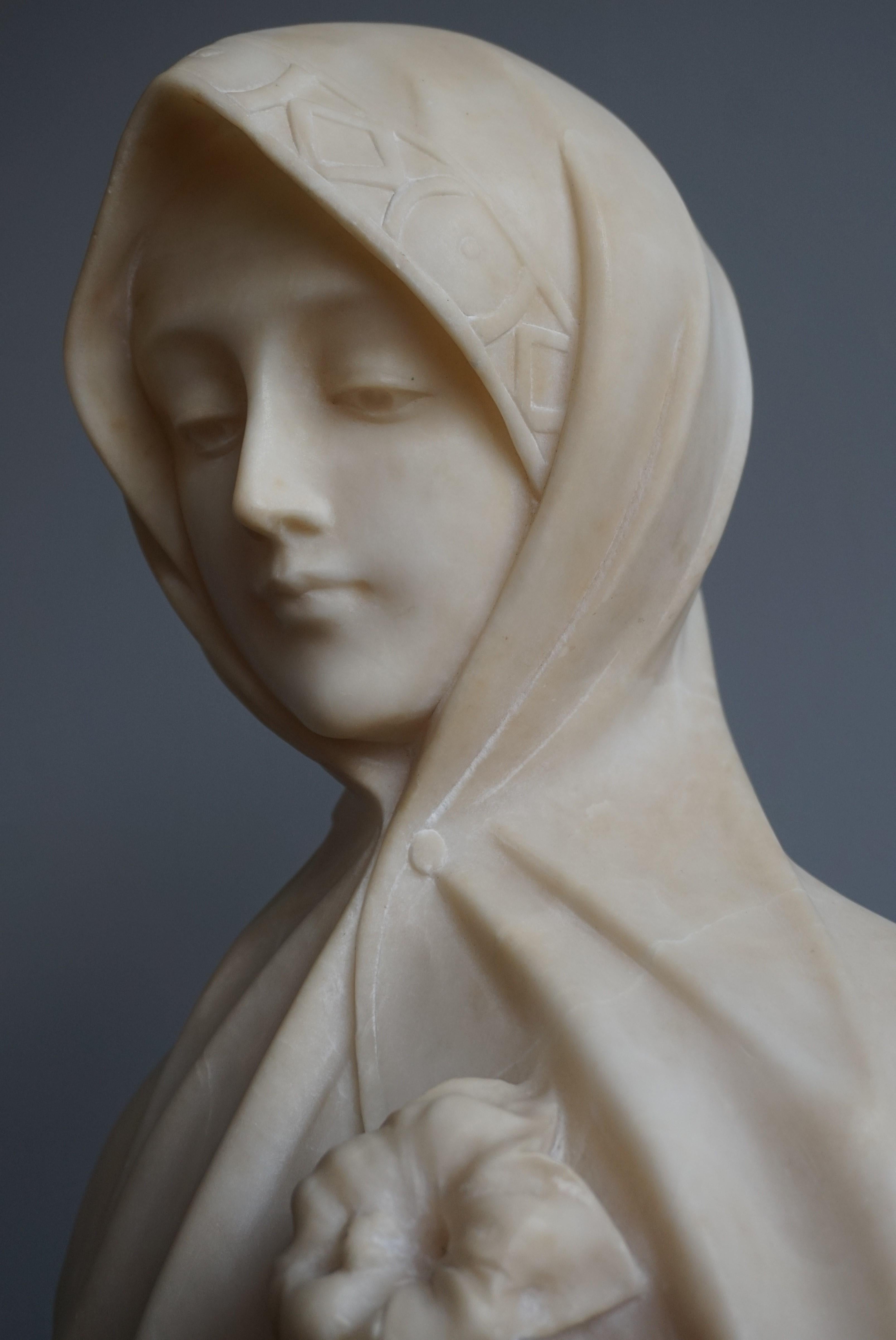 Arts and Crafts Stunning Hand Carved Early 1900 Alabaster Bust Sculpture of a Serene Lady