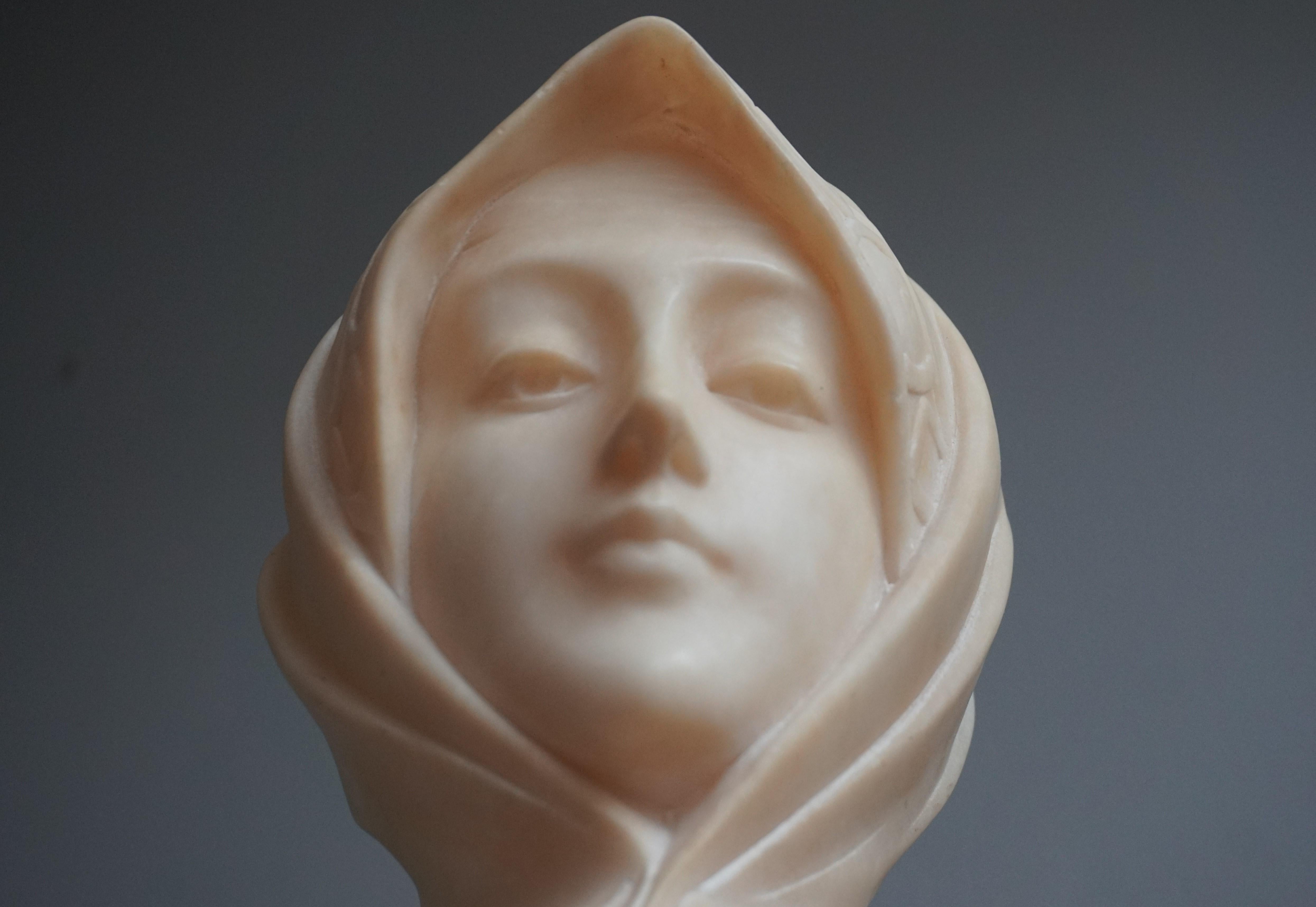 Italian Stunning Hand Carved Early 1900 Alabaster Bust Sculpture of a Serene Lady