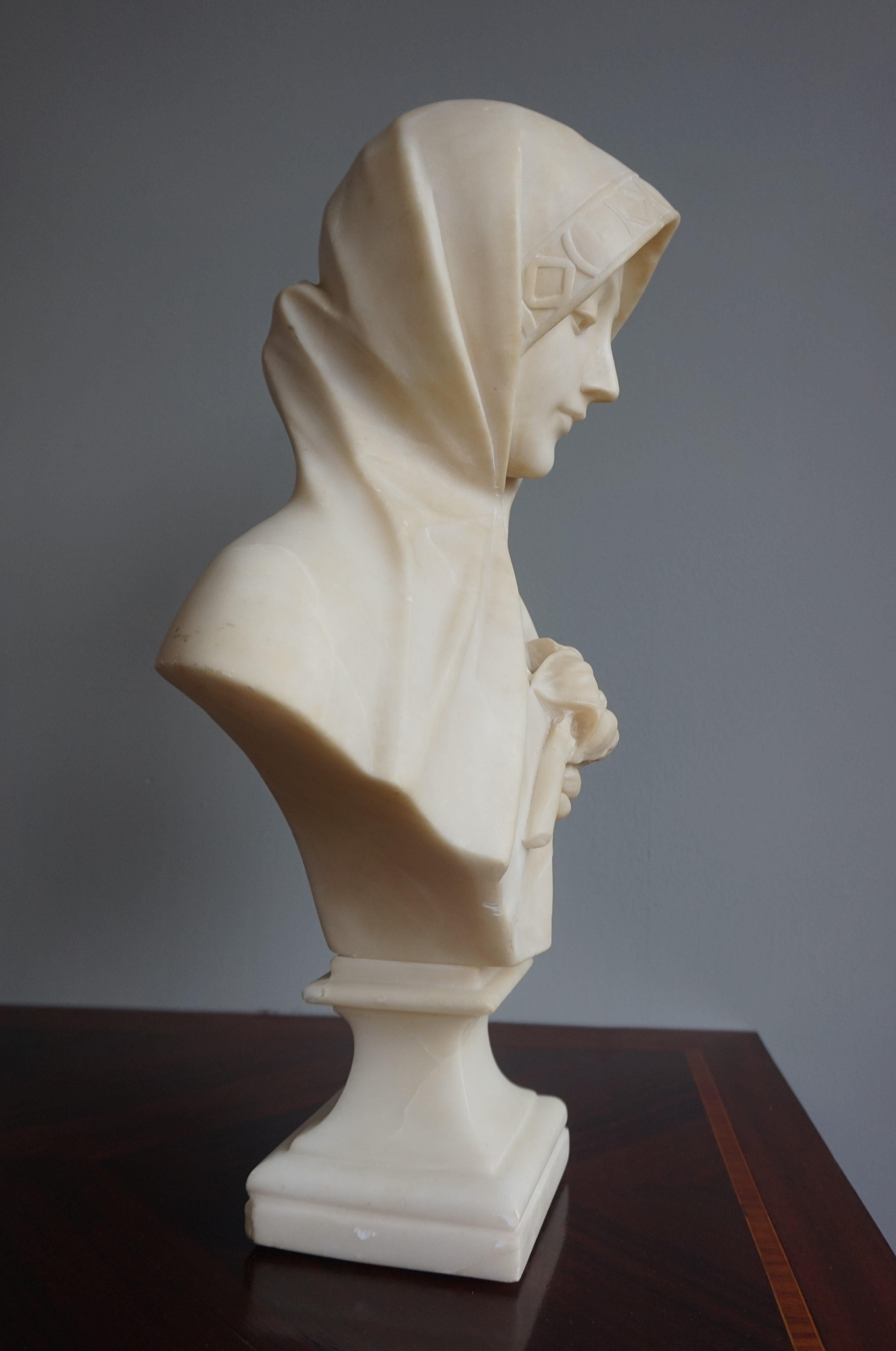 Hand-Carved Stunning Hand Carved Early 1900 Alabaster Bust Sculpture of a Serene Lady