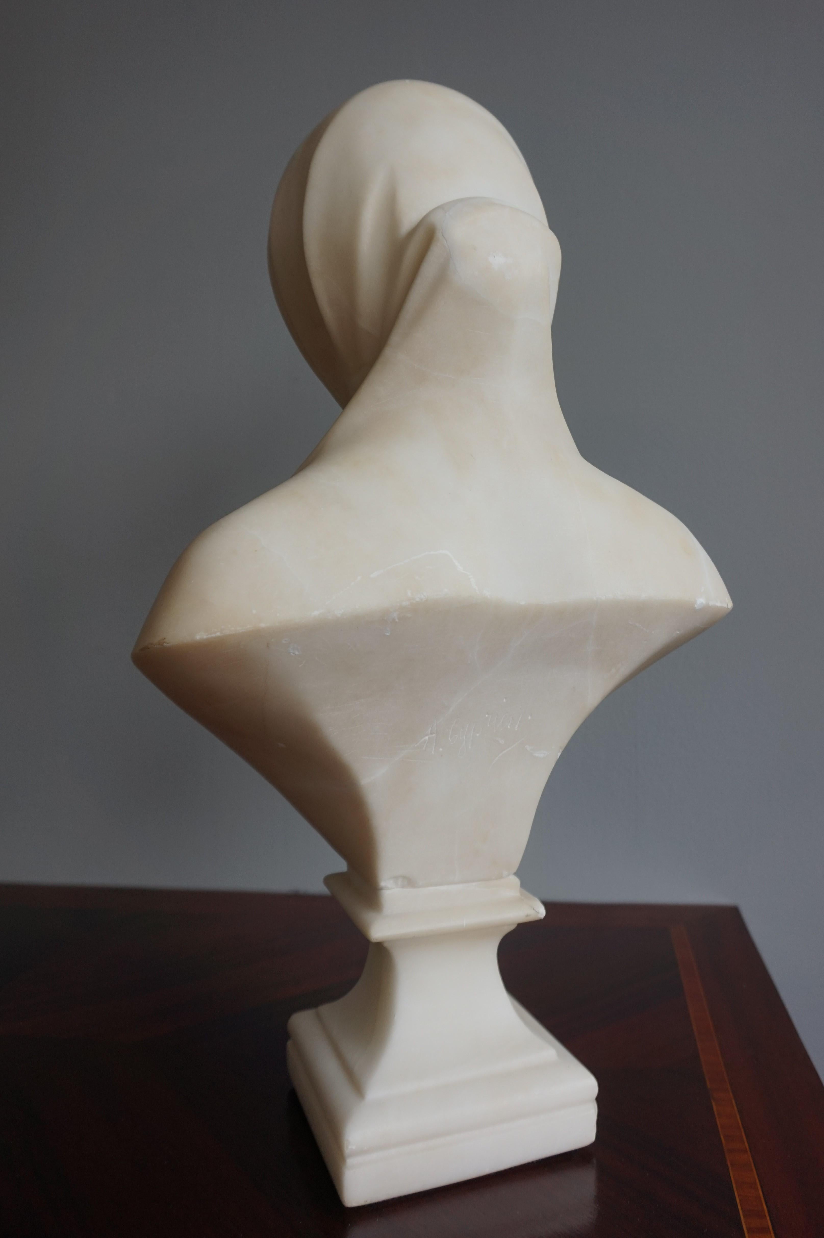 Stunning Hand Carved Early 1900 Alabaster Bust Sculpture of a Serene Lady 1