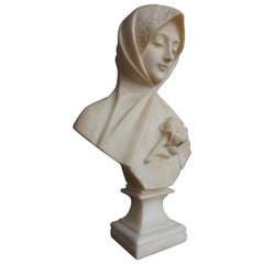 Stunning Hand Carved Early 1900 Alabaster Bust Sculpture of a Serene Lady