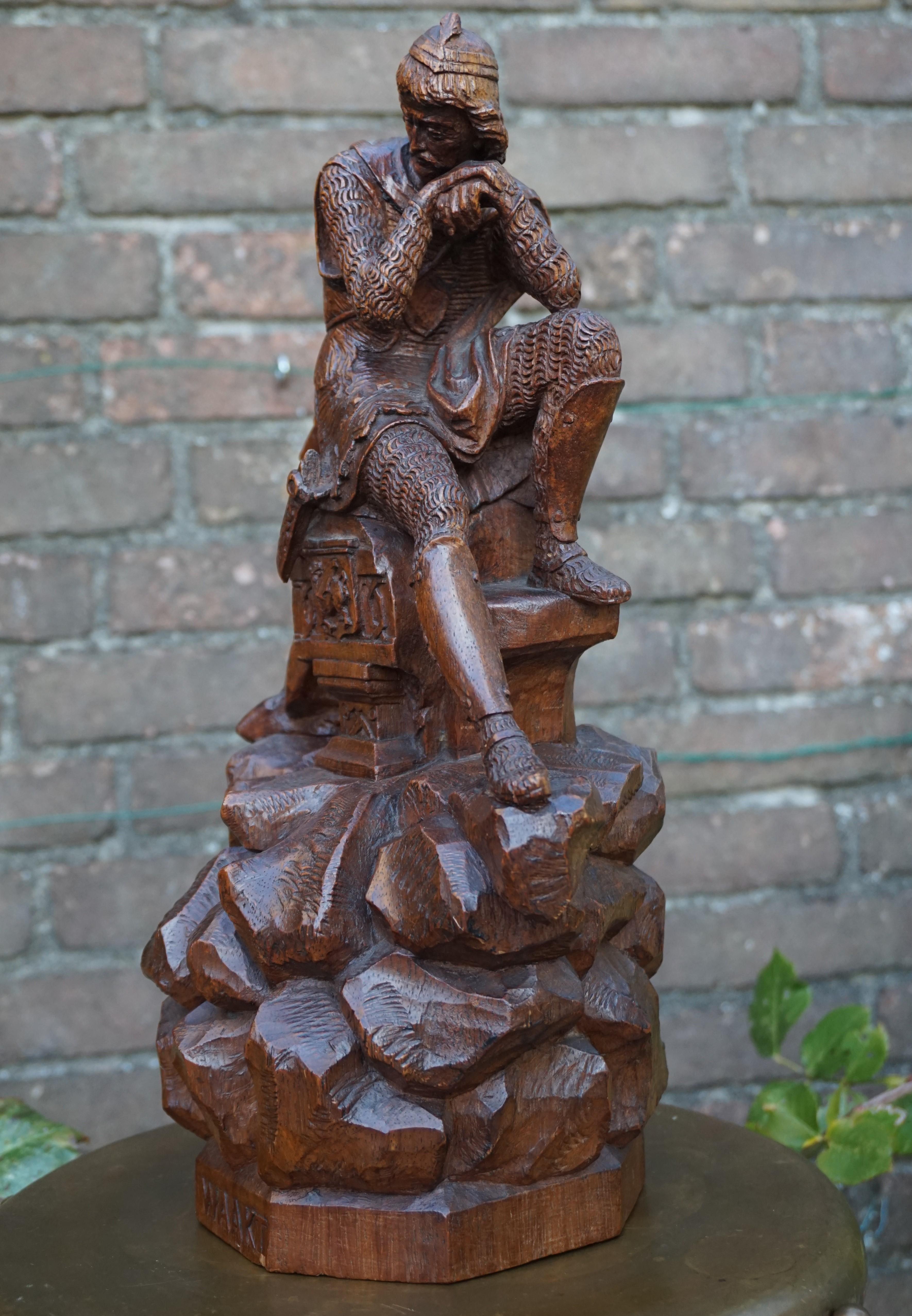 Stunning Hand Carved Early 20th Century Wooden Knight Sculpture by E. Moens 3