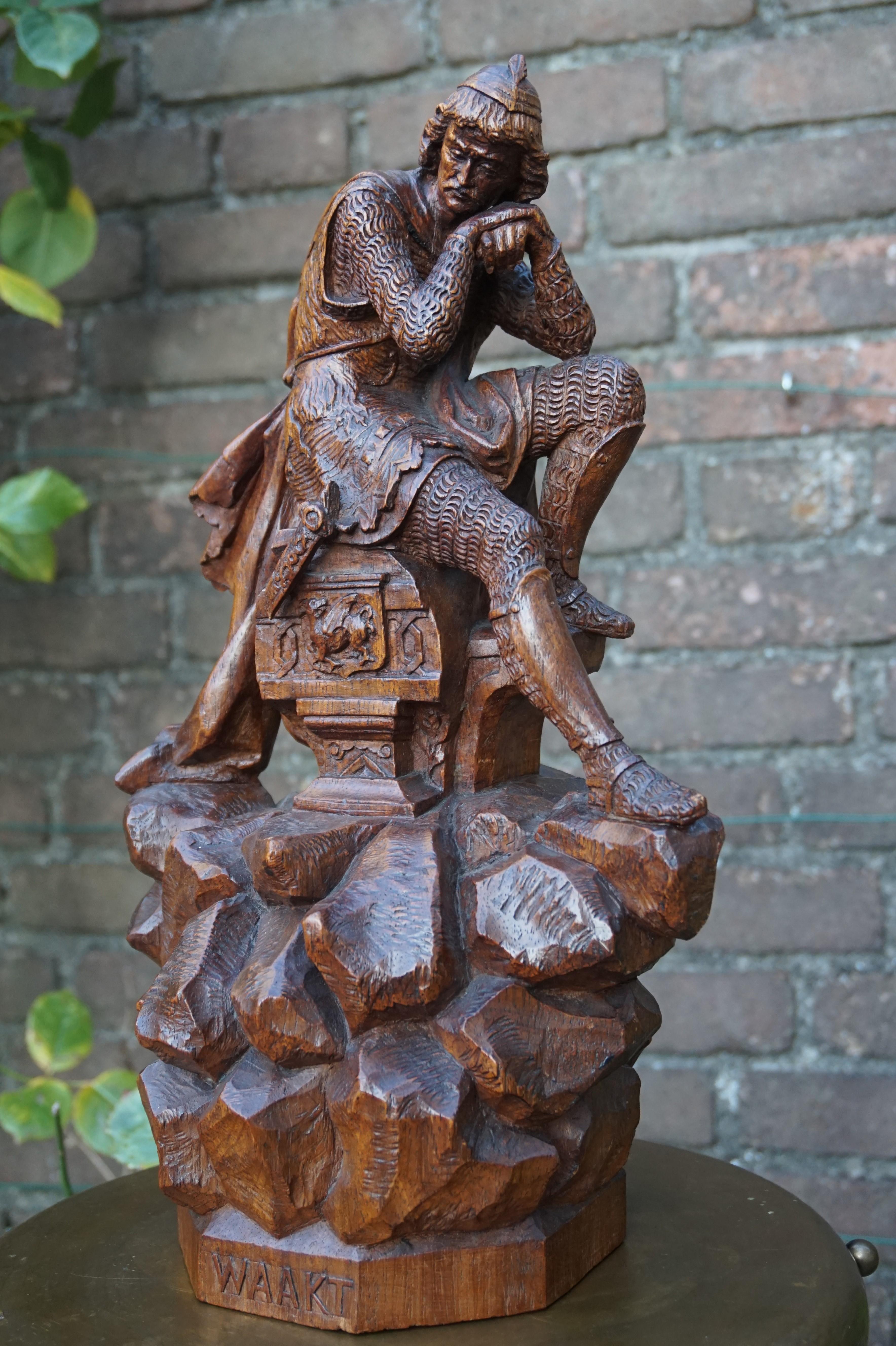 Stunning Hand Carved Early 20th Century Wooden Knight Sculpture by E. Moens 6