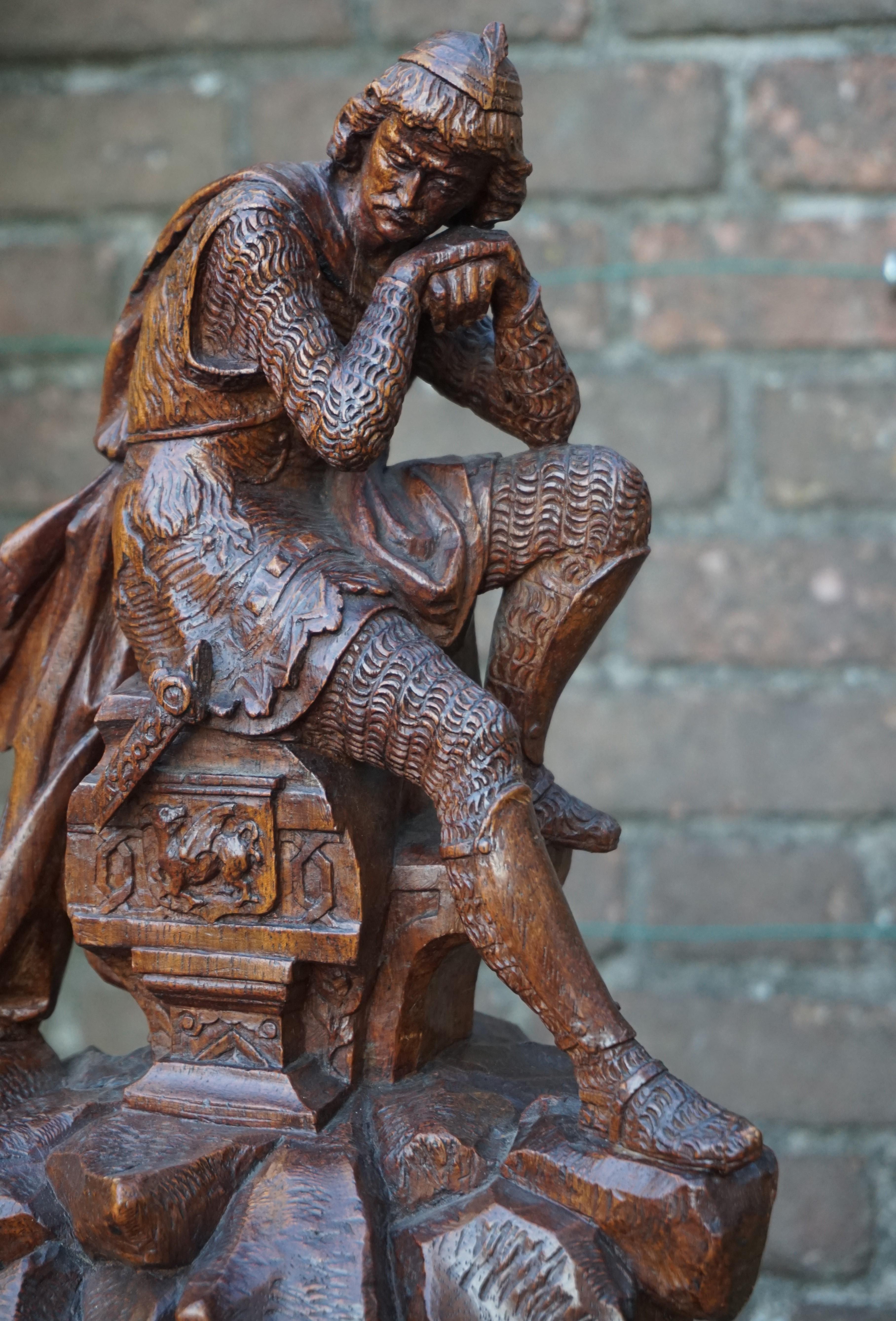 Stunning Hand Carved Early 20th Century Wooden Knight Sculpture by E. Moens 9