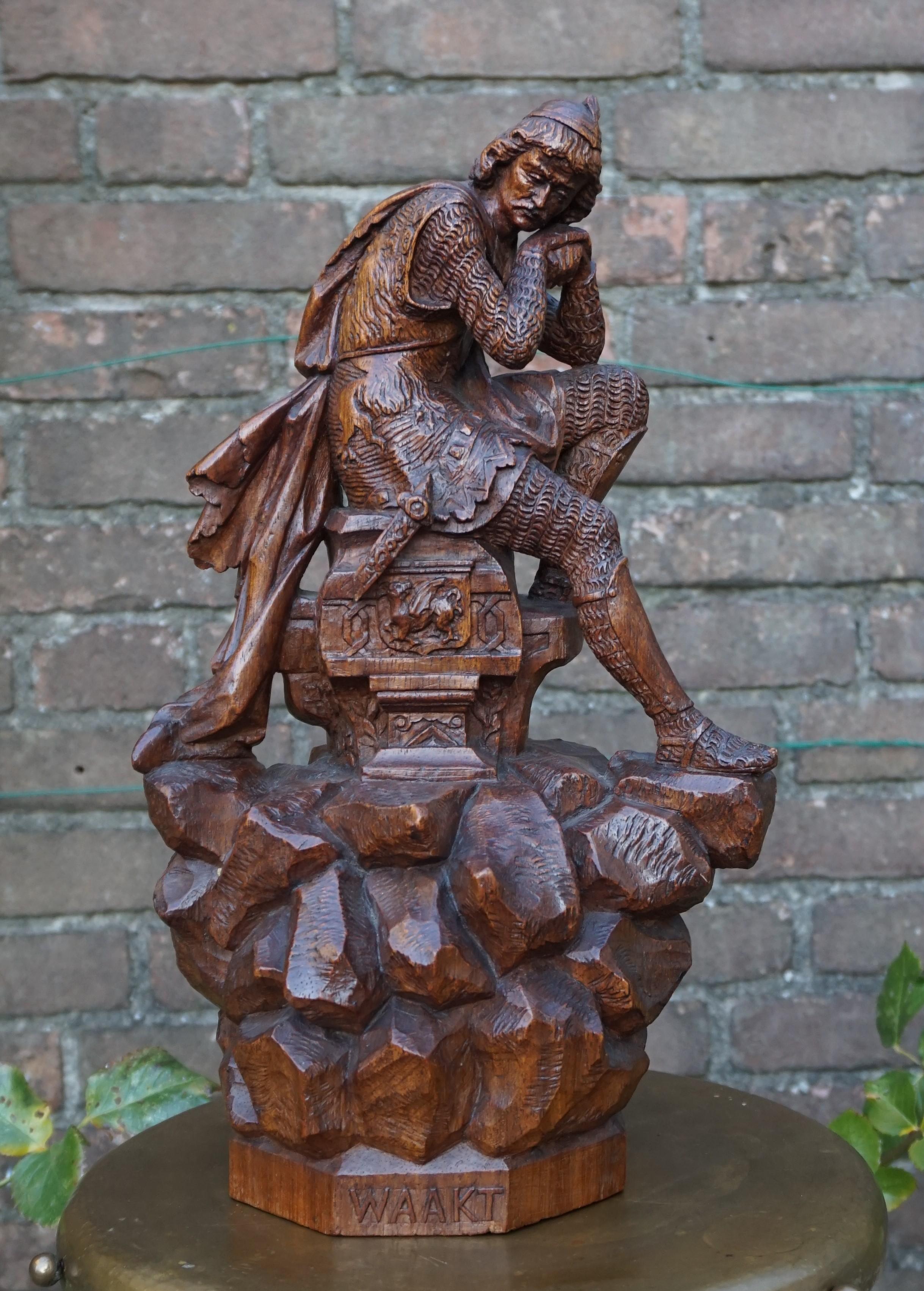 Stunning Hand Carved Early 20th Century Wooden Knight Sculpture by E. Moens 10
