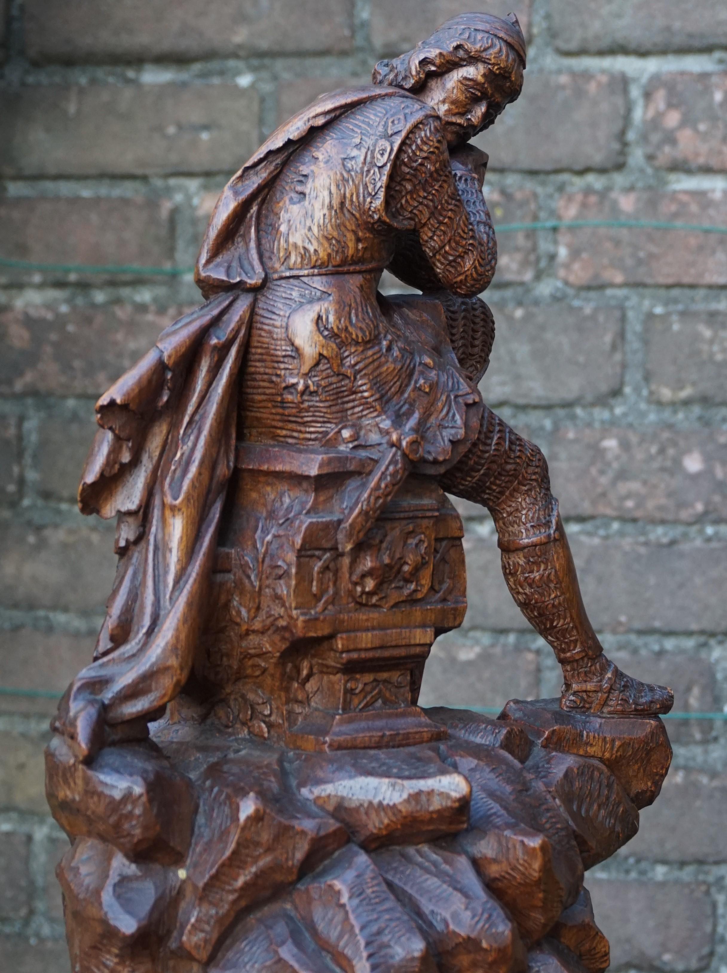 Stunning Hand Carved Early 20th Century Wooden Knight Sculpture by E. Moens 12