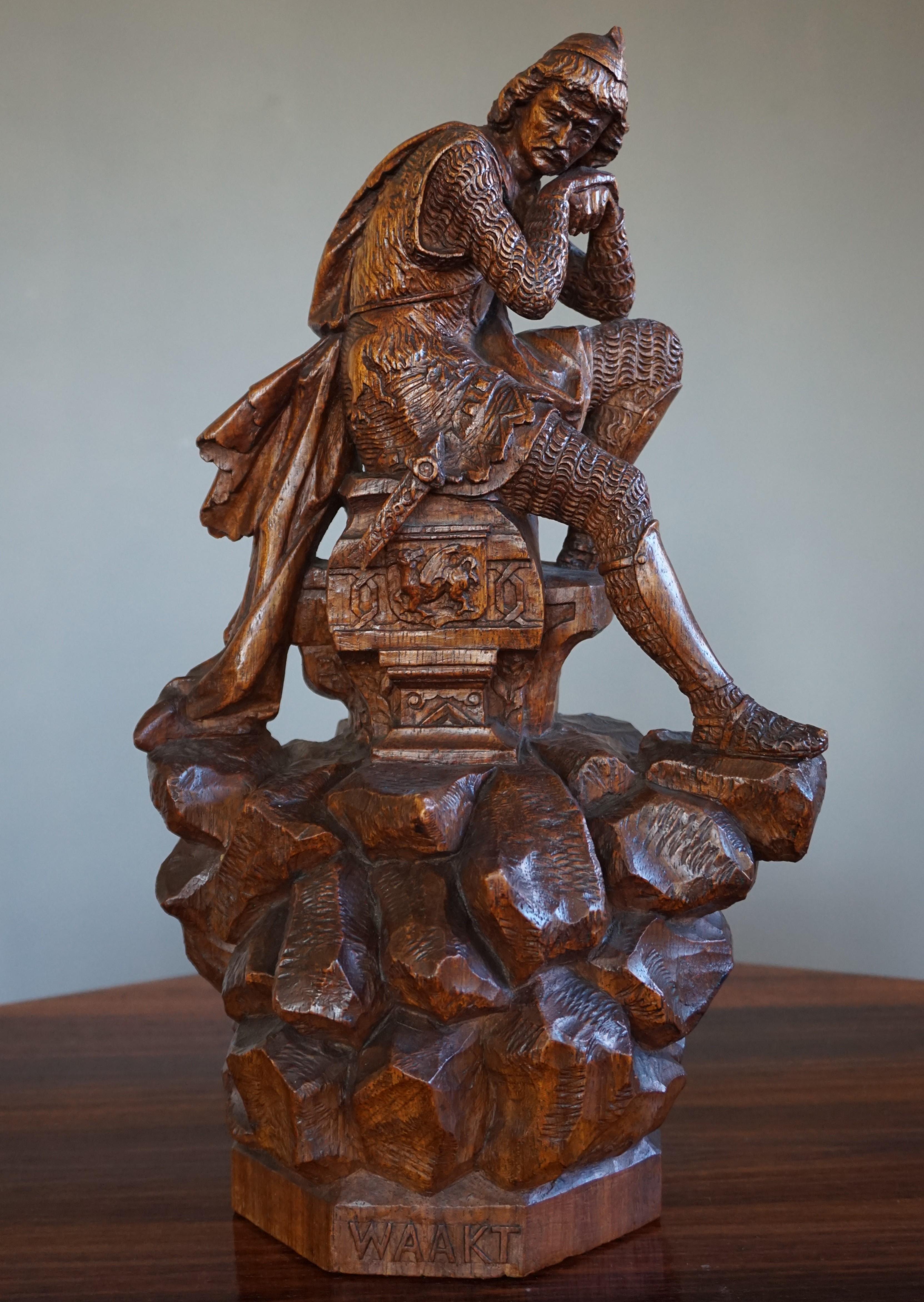 Artistic and highly decorative knight sculpture.

This masterful sculpture is all hand-carved out of a single log of oakwood. Realistic knight sculptures that are hand-carved out of wood are very rare. To have found one of this amazing quality and