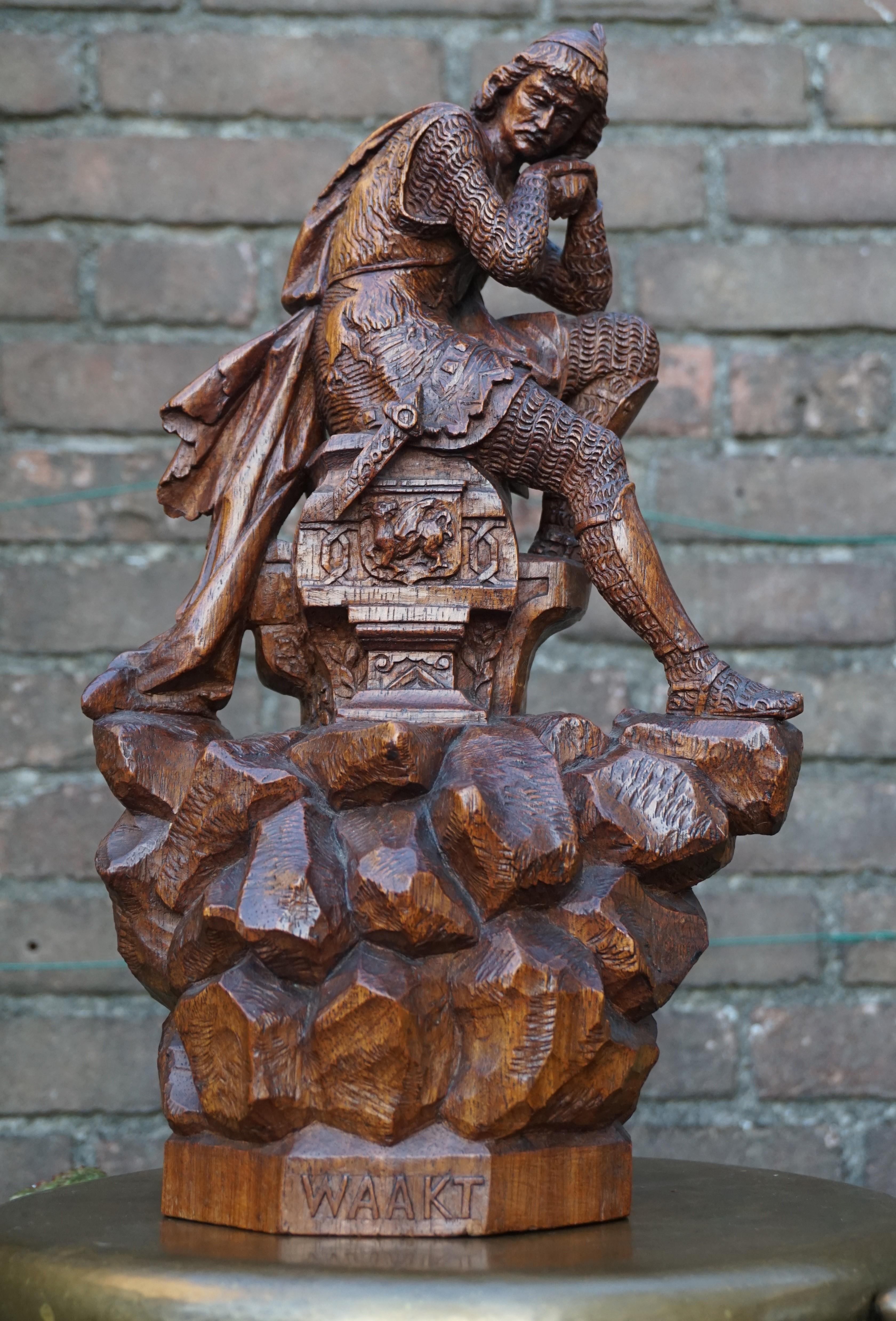 Stunning Hand Carved Early 20th Century Wooden Knight Sculpture by E. Moens 13