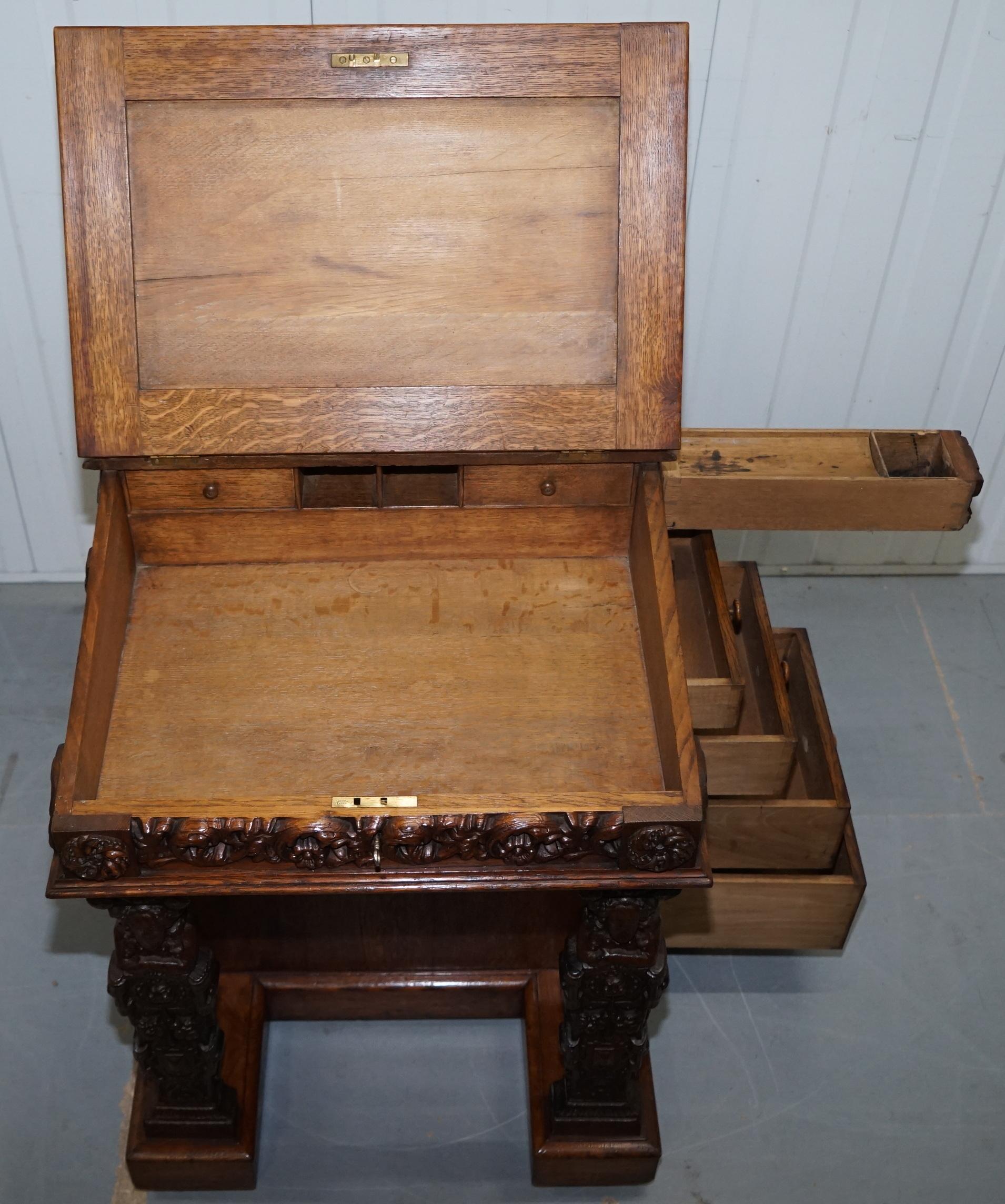 Stunning Hand Carved Early Victorian circa 1840 Davenport Writing Desk Drawers 4