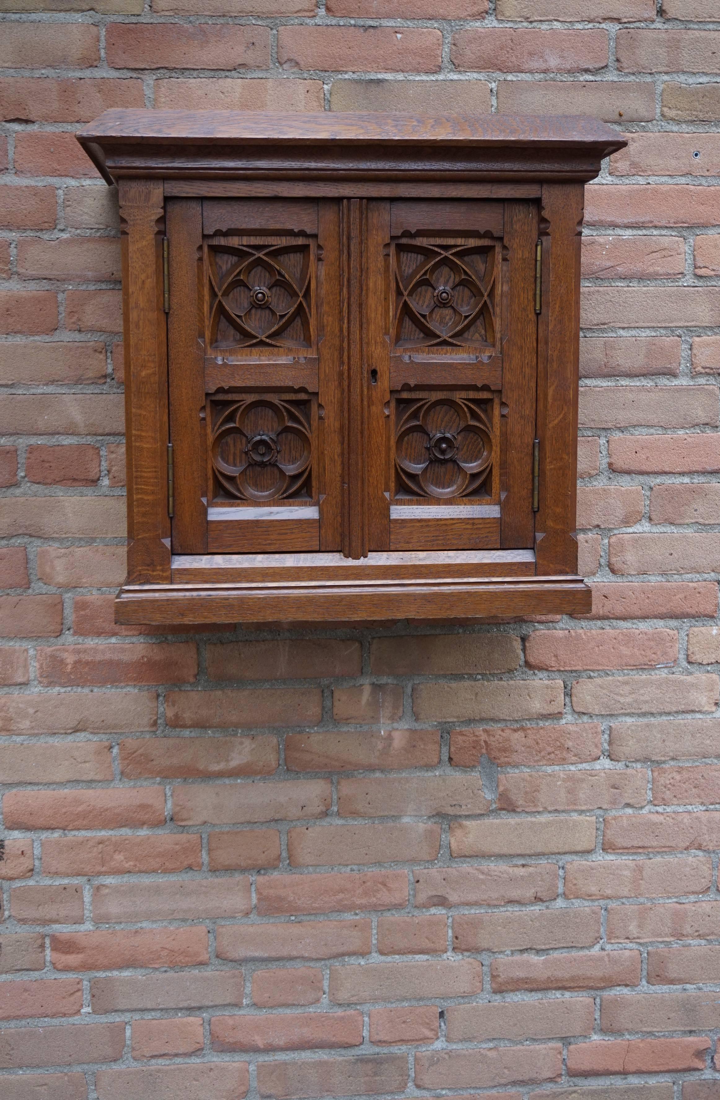 Stunning Hand-Carved Gothic Revival Wall or Floor Cabinet with Wonderful Patina 1
