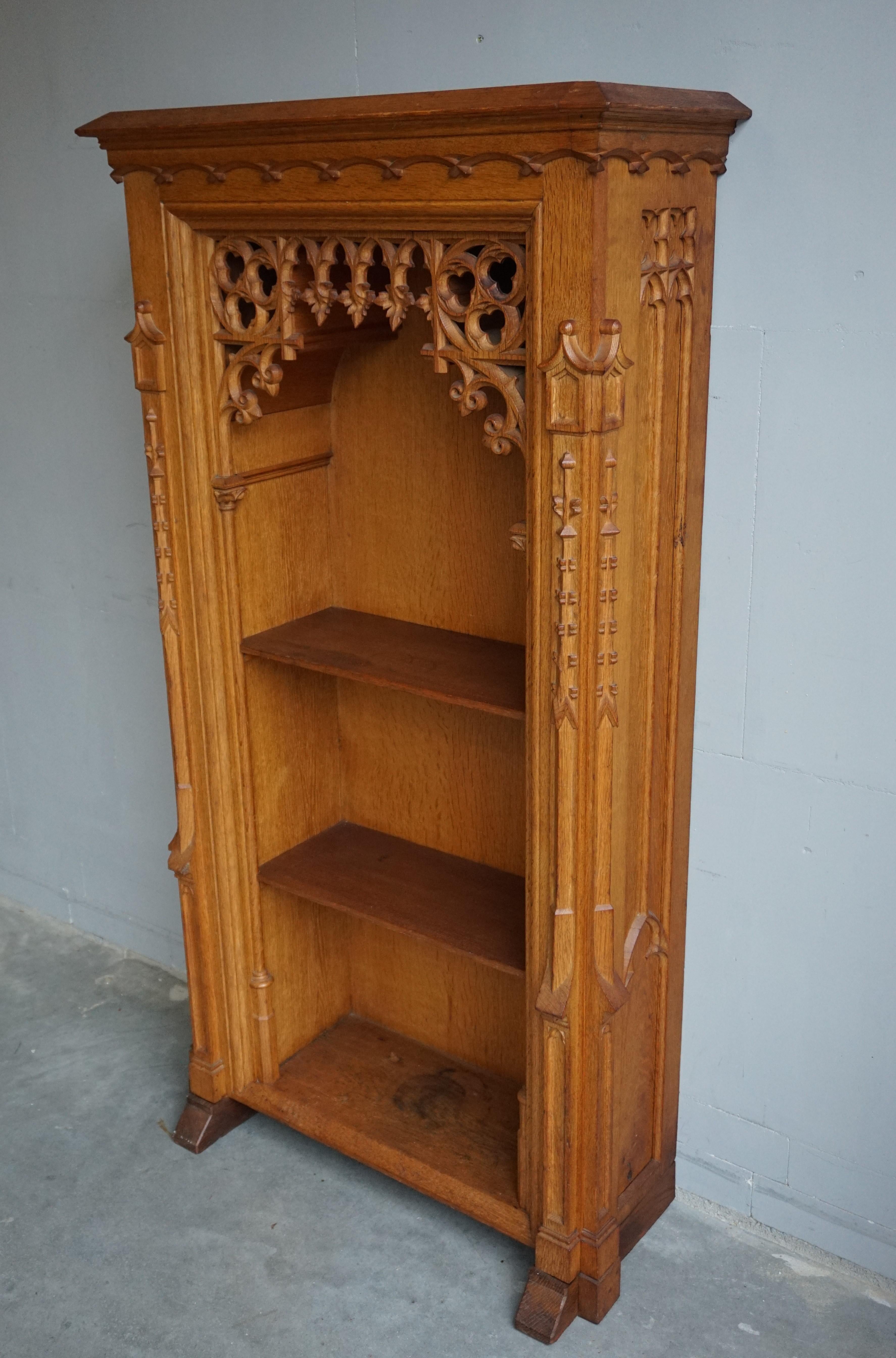 Glorious design and heavy quality, solid oak Gothic cabinet.

This practical size, beautifully handcrafted and very thick oak cabinet can be used for all kinds of purposes. It dates from the earliest days of the 20th century (or possibly the late