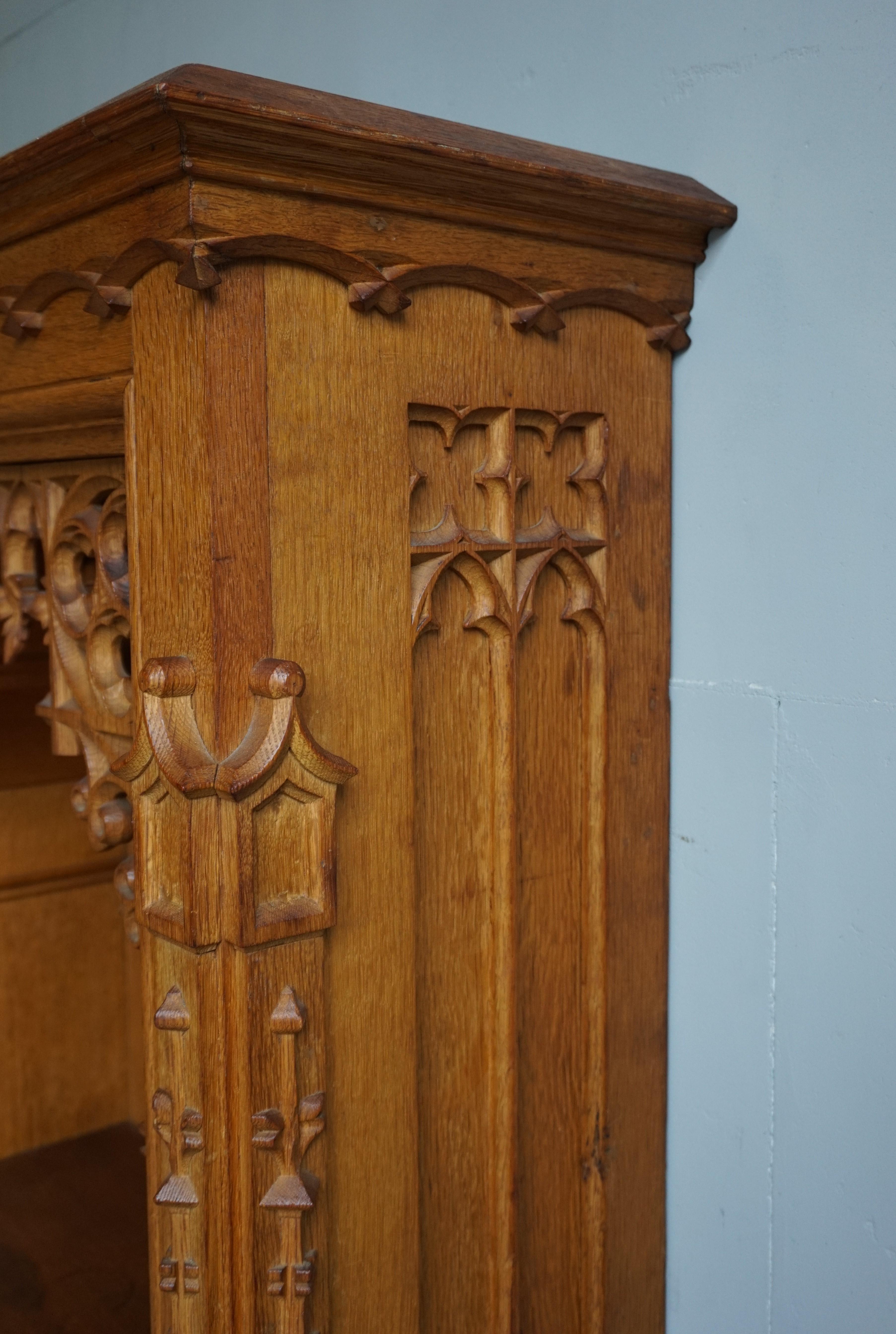 Hand-Crafted Stunning Hand Carved Light Oak Antique Gothic Revival Bookcase / Shrine Cabinet