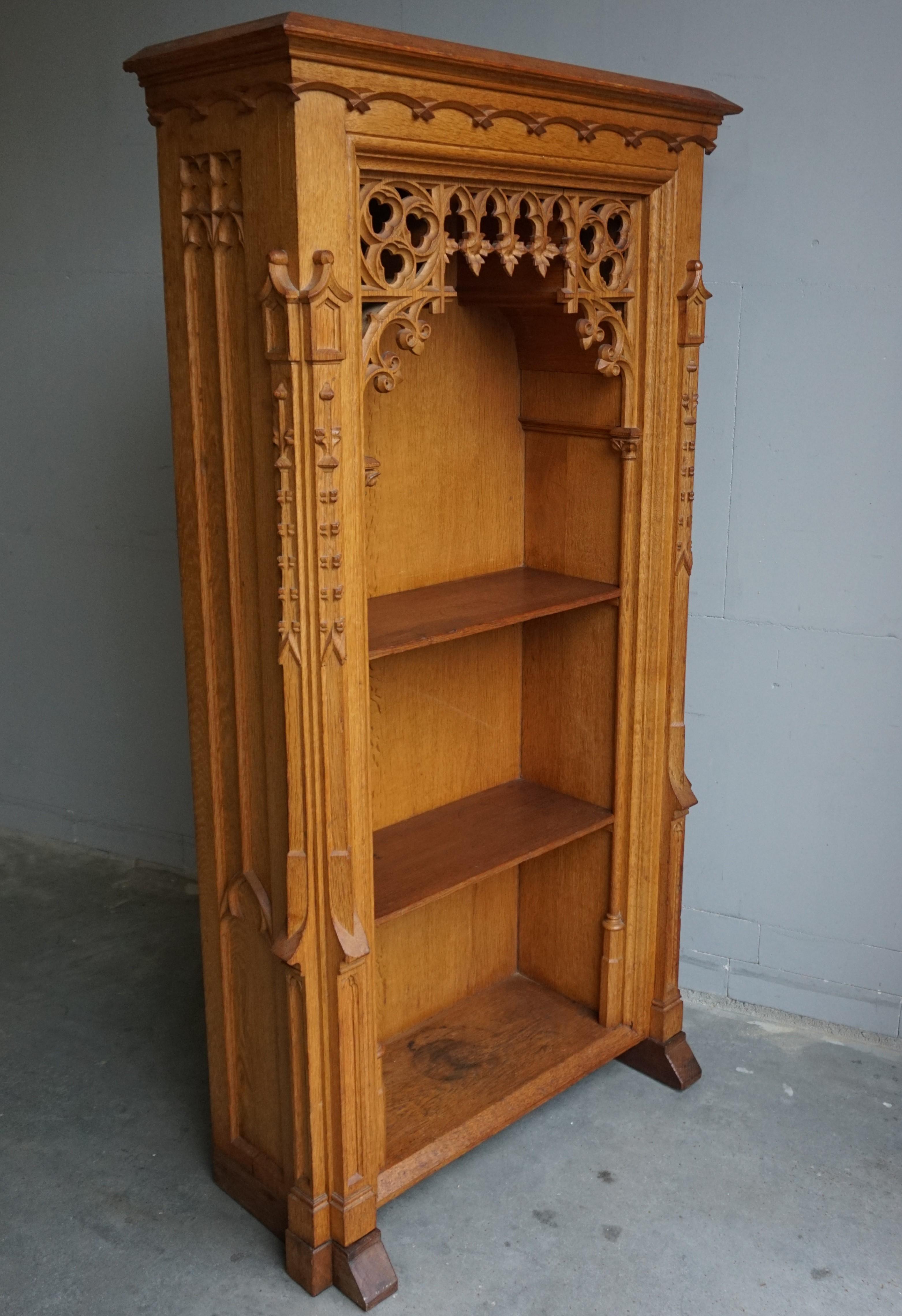 Stunning Hand Carved Light Oak Antique Gothic Revival Bookcase / Shrine Cabinet 1