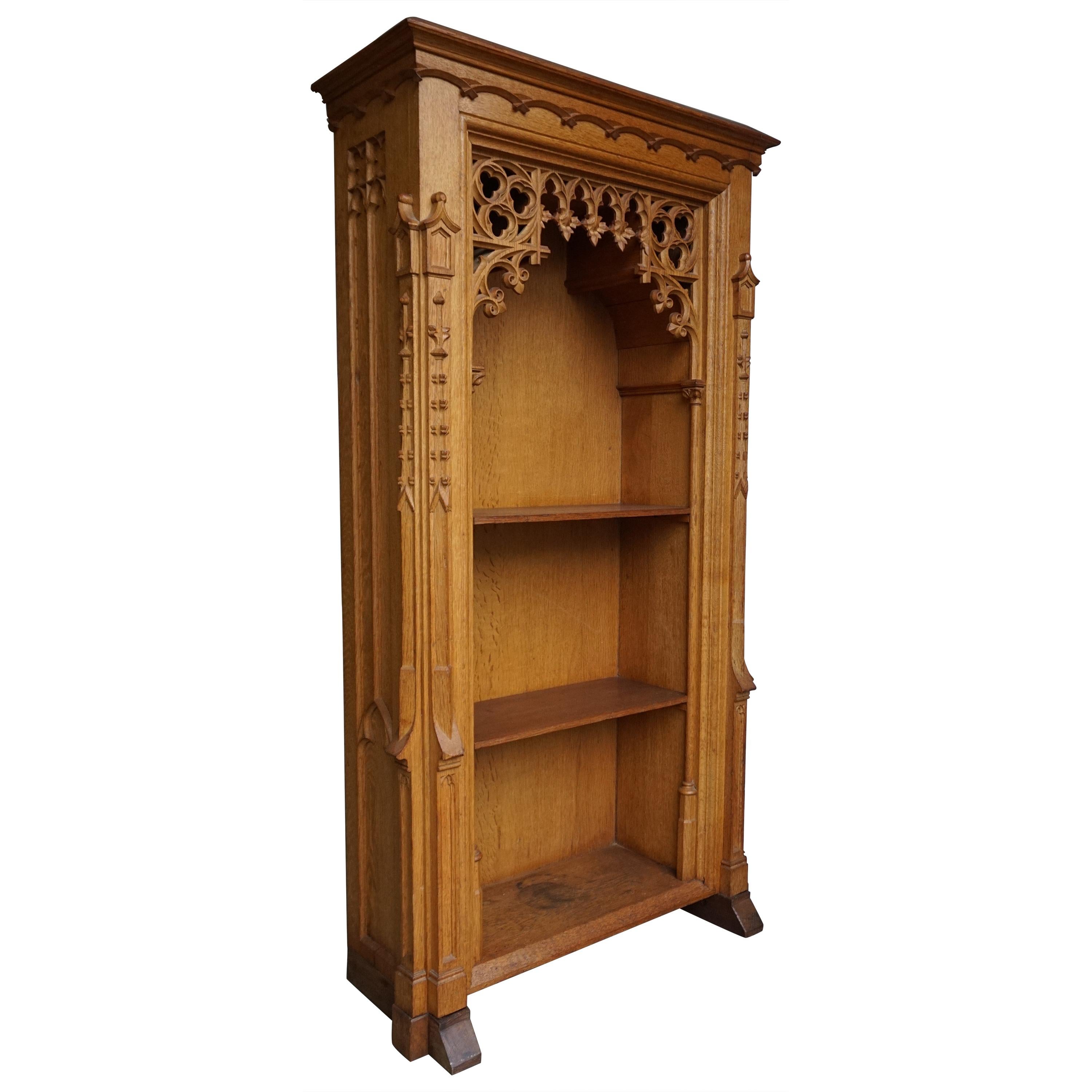Stunning Hand Carved Light Oak Antique Gothic Revival Bookcase / Shrine Cabinet