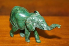 STUNNING HAND CARved MALACHITE STATUE OF AN ELEPHANT WiTH RaisED TRUNK GOOD LUCK