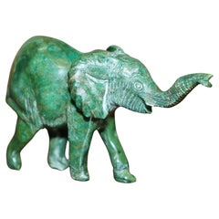 STUNNING HAND CARVED MALACHITE STATUE OF AN ELEPHANT WiTH RAISED TRUNK GOOD LUCK