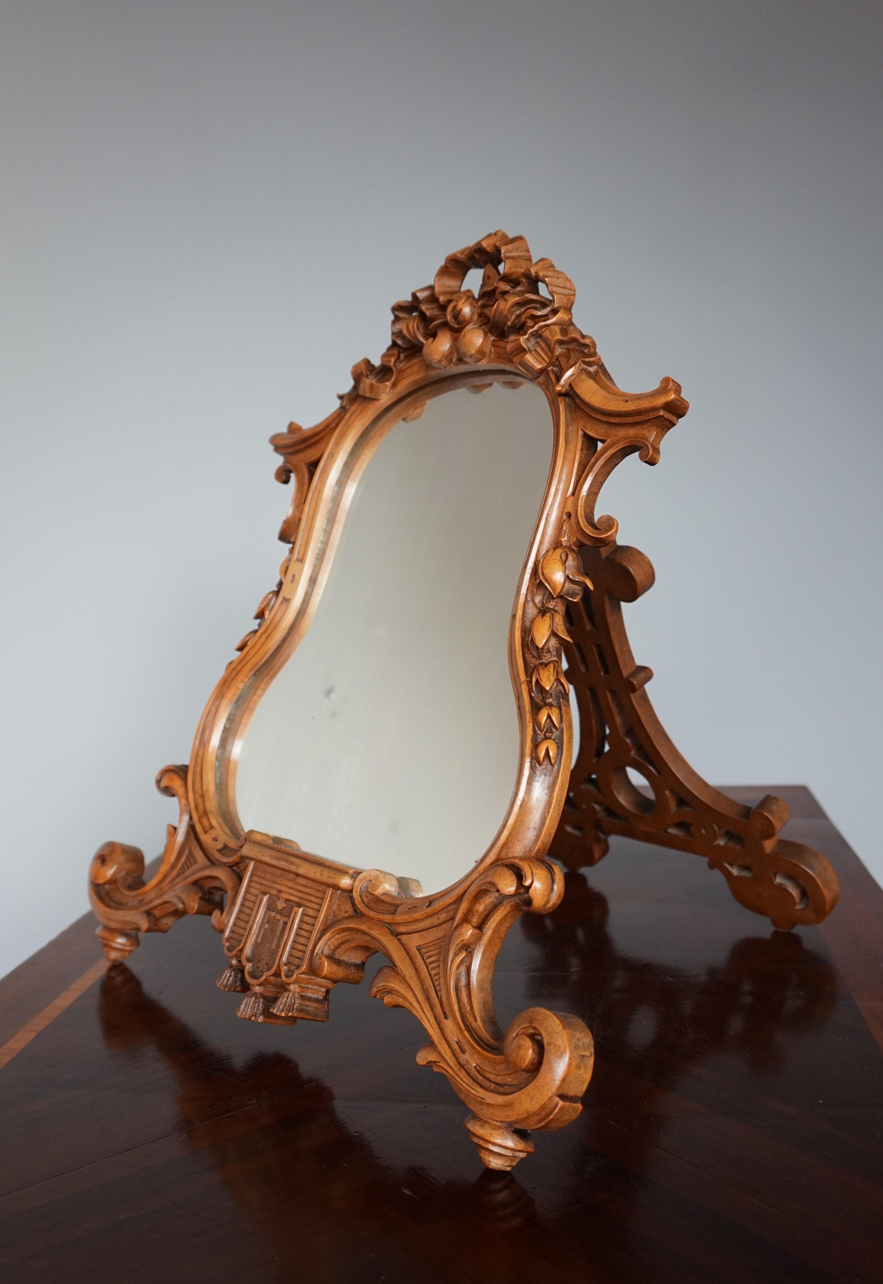 Stunning Hand Carved Nutwood Table Mirror by Guéret Frères, Parisian Top Makers 2