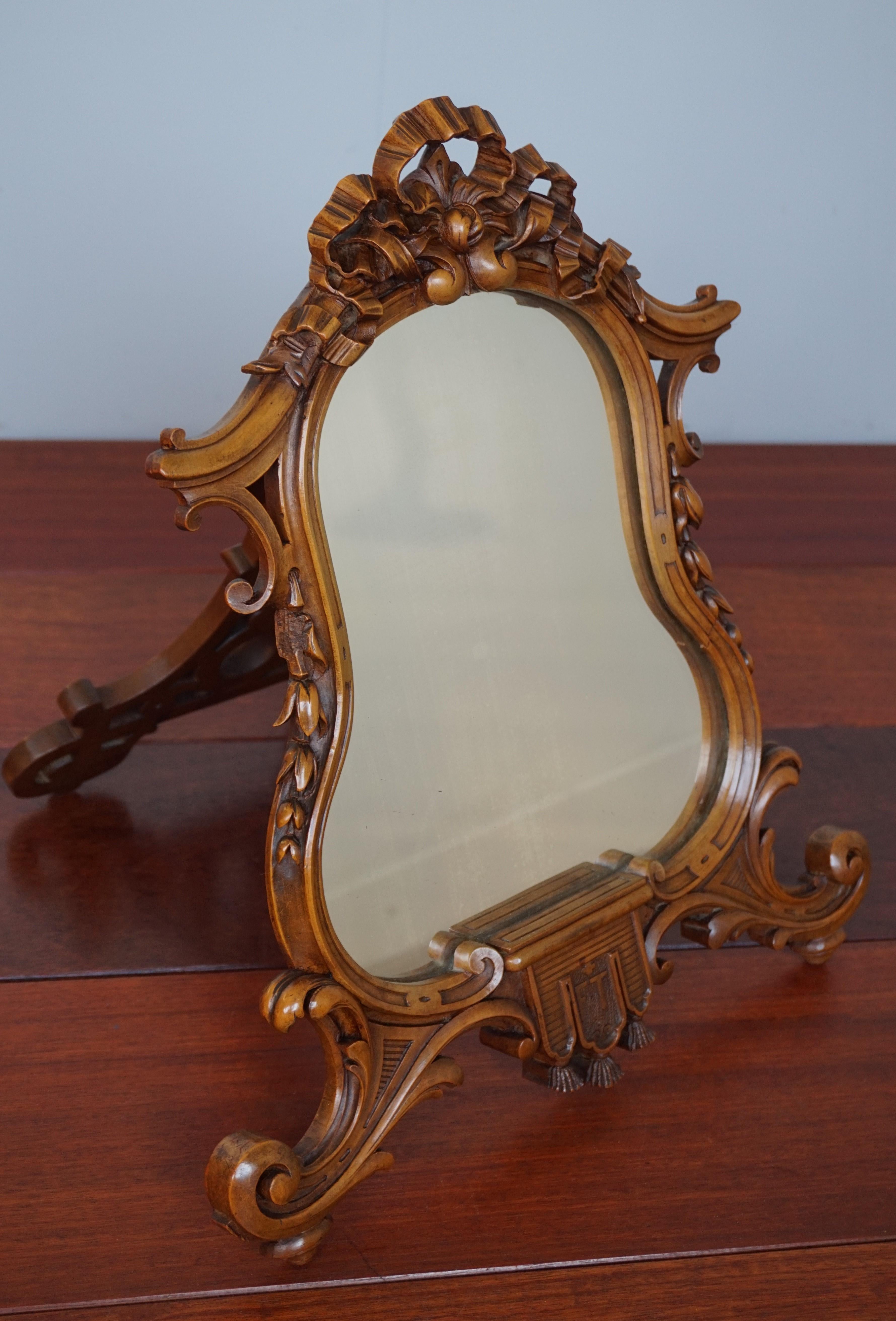 Stunning Hand Carved Nutwood Table Mirror by Guéret Frères, Parisian Top Makers 10