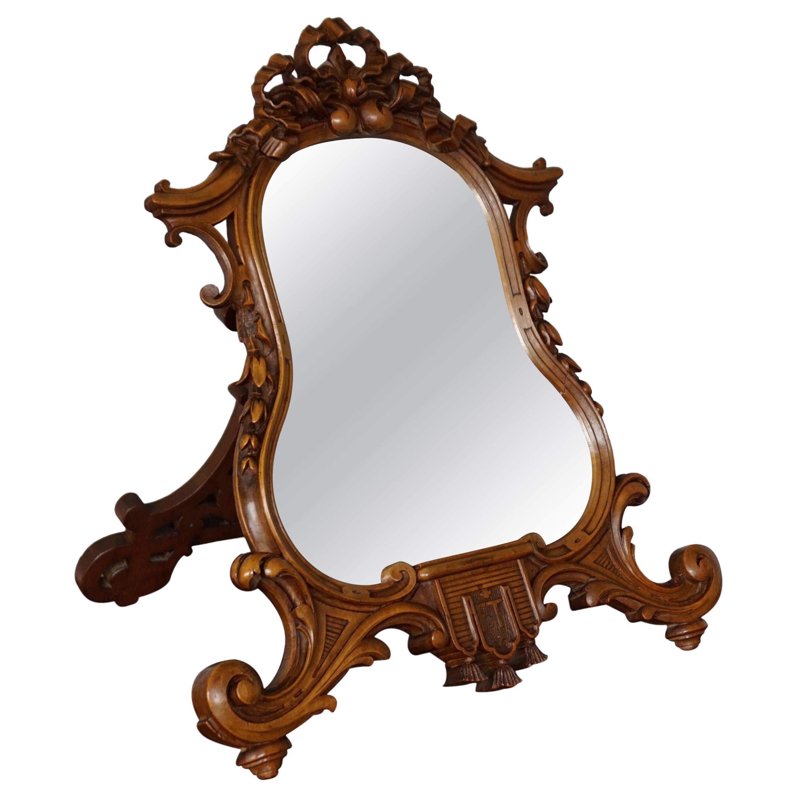 Stunning Hand Carved Nutwood Table Mirror by Guéret Frères, Parisian Top Makers