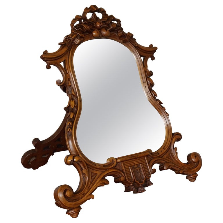 Stunning Hand Carved Nutwood Table Mirror by Guéret Frères, Parisian