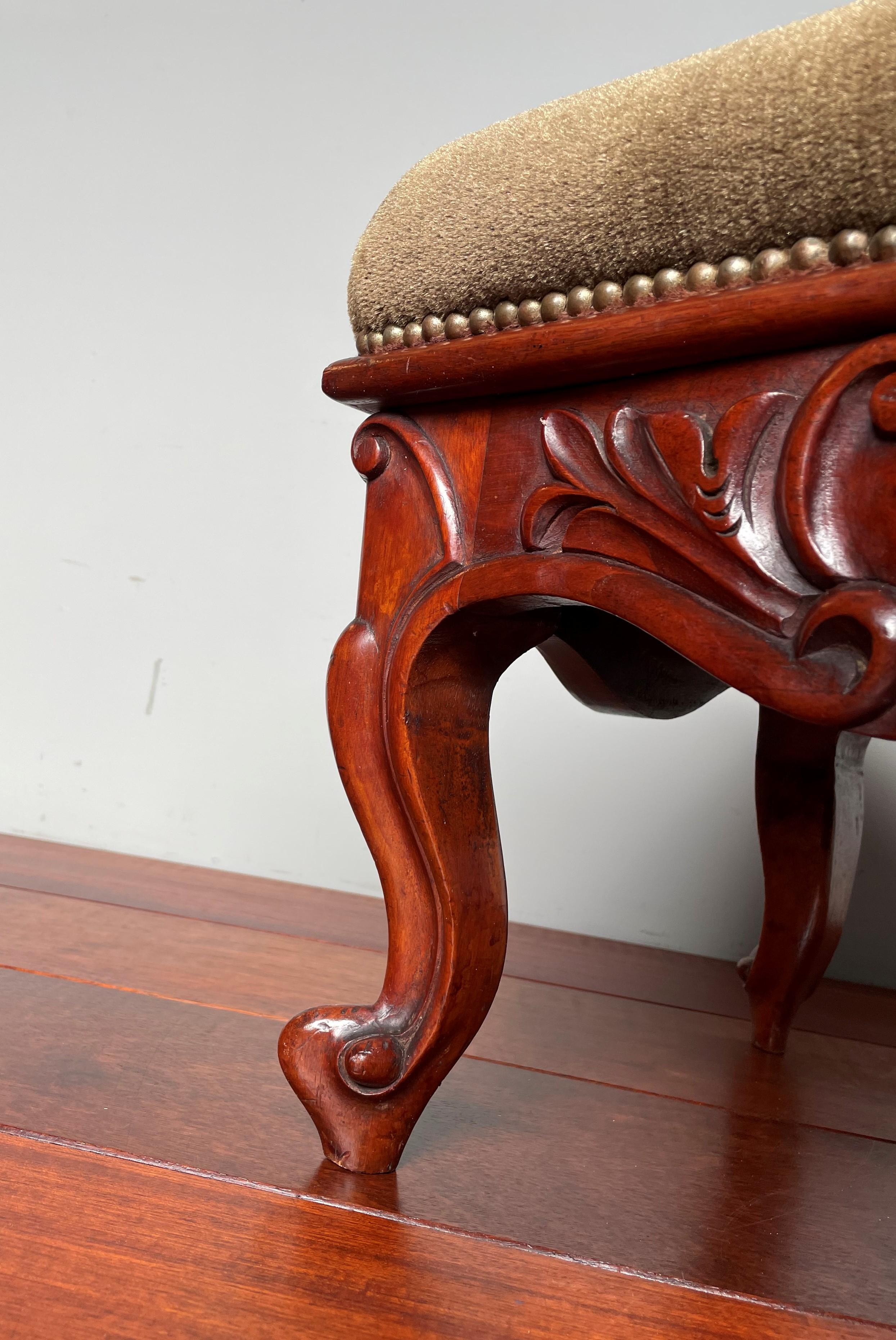 19th Century Antique Hand Carved Solid Walnut Footstool / Stool with Perfect Upholstery For Sale