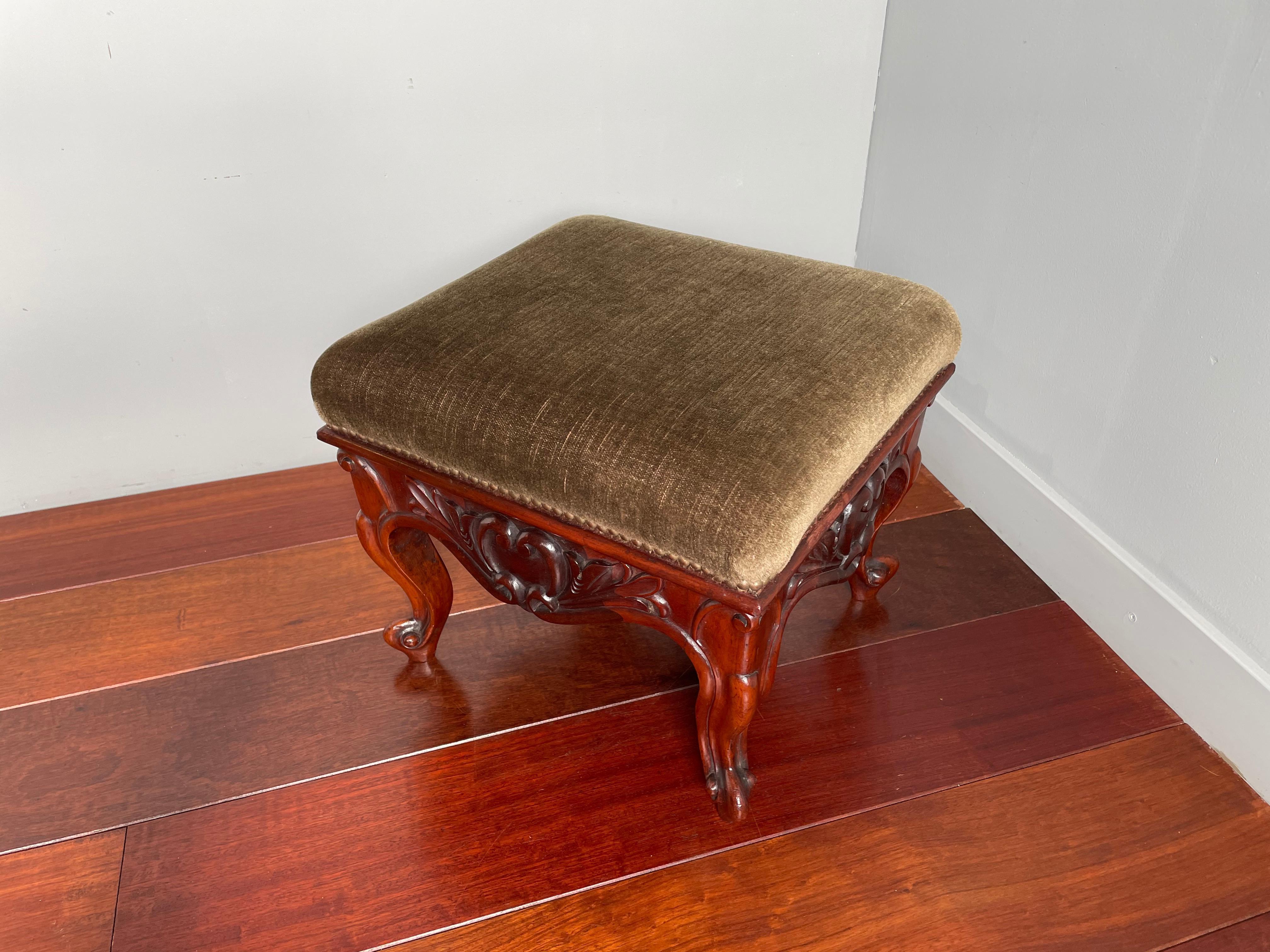 Antique Hand Carved Solid Walnut Footstool / Stool with Perfect Upholstery For Sale 2