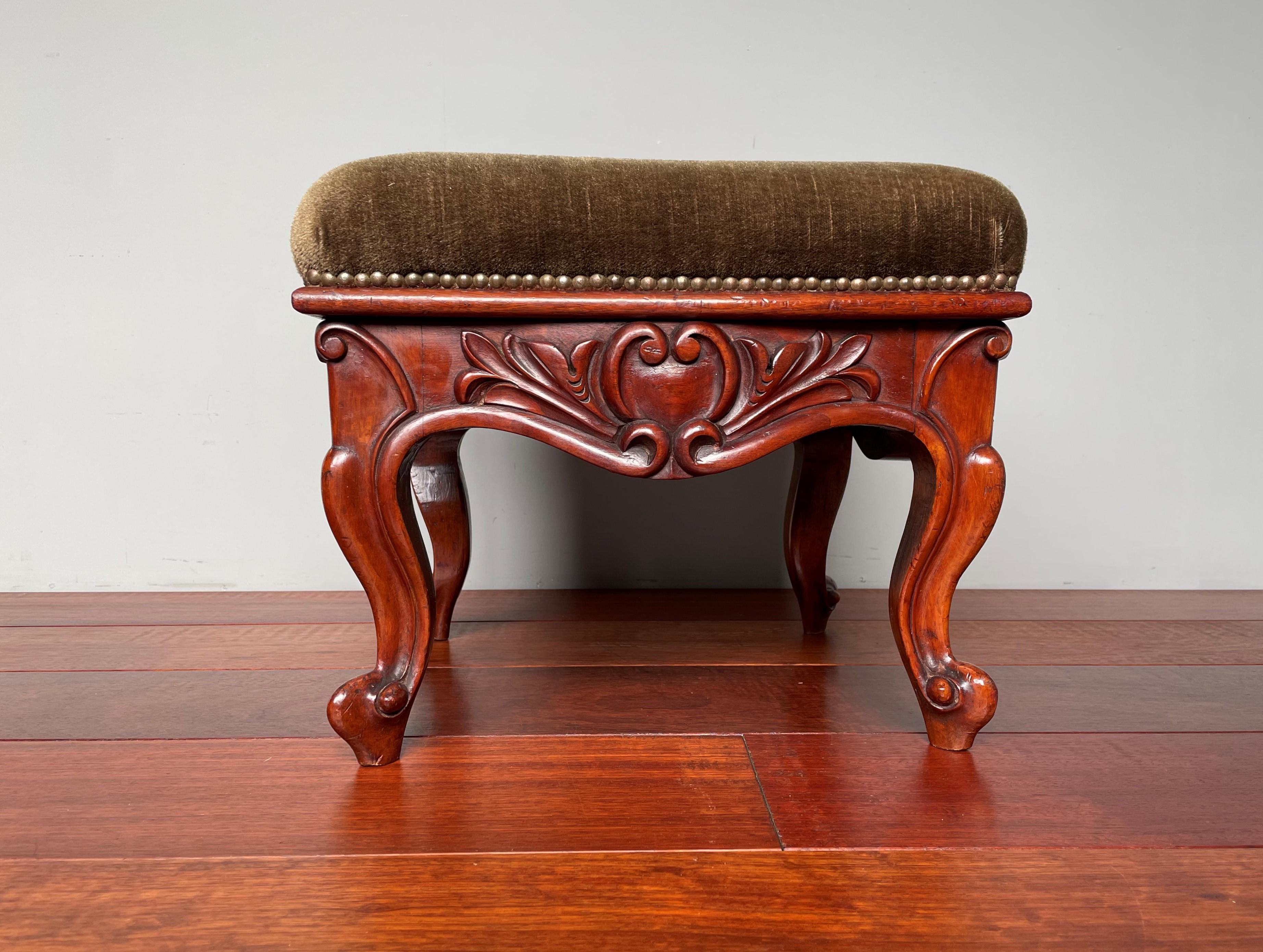 Antique Hand Carved Solid Walnut Footstool / Stool with Perfect Upholstery For Sale 3