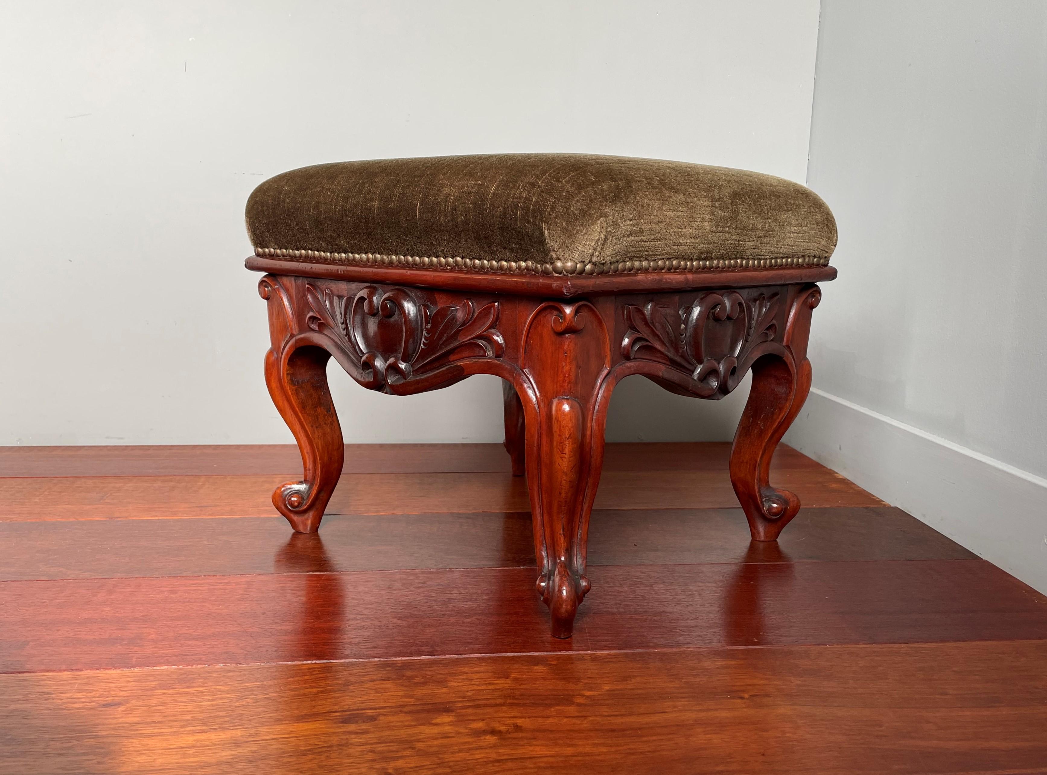 Antique Hand Carved Solid Walnut Footstool / Stool with Perfect Upholstery For Sale 5