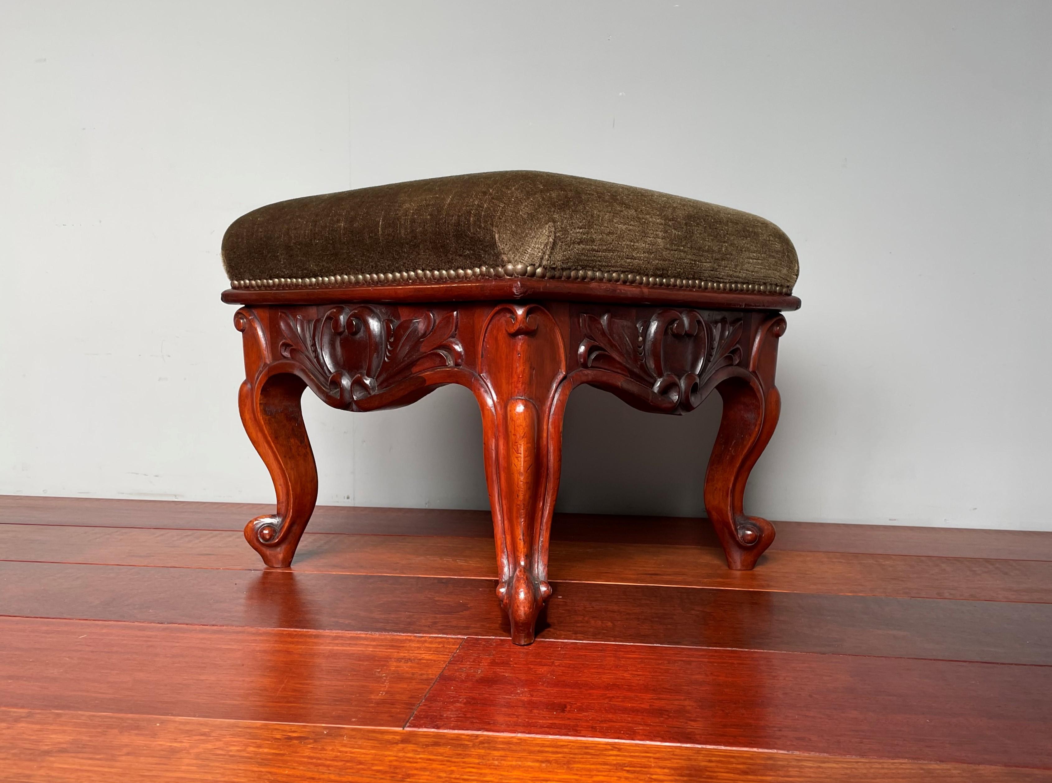 Victorian Antique Hand Carved Solid Walnut Footstool / Stool with Perfect Upholstery For Sale