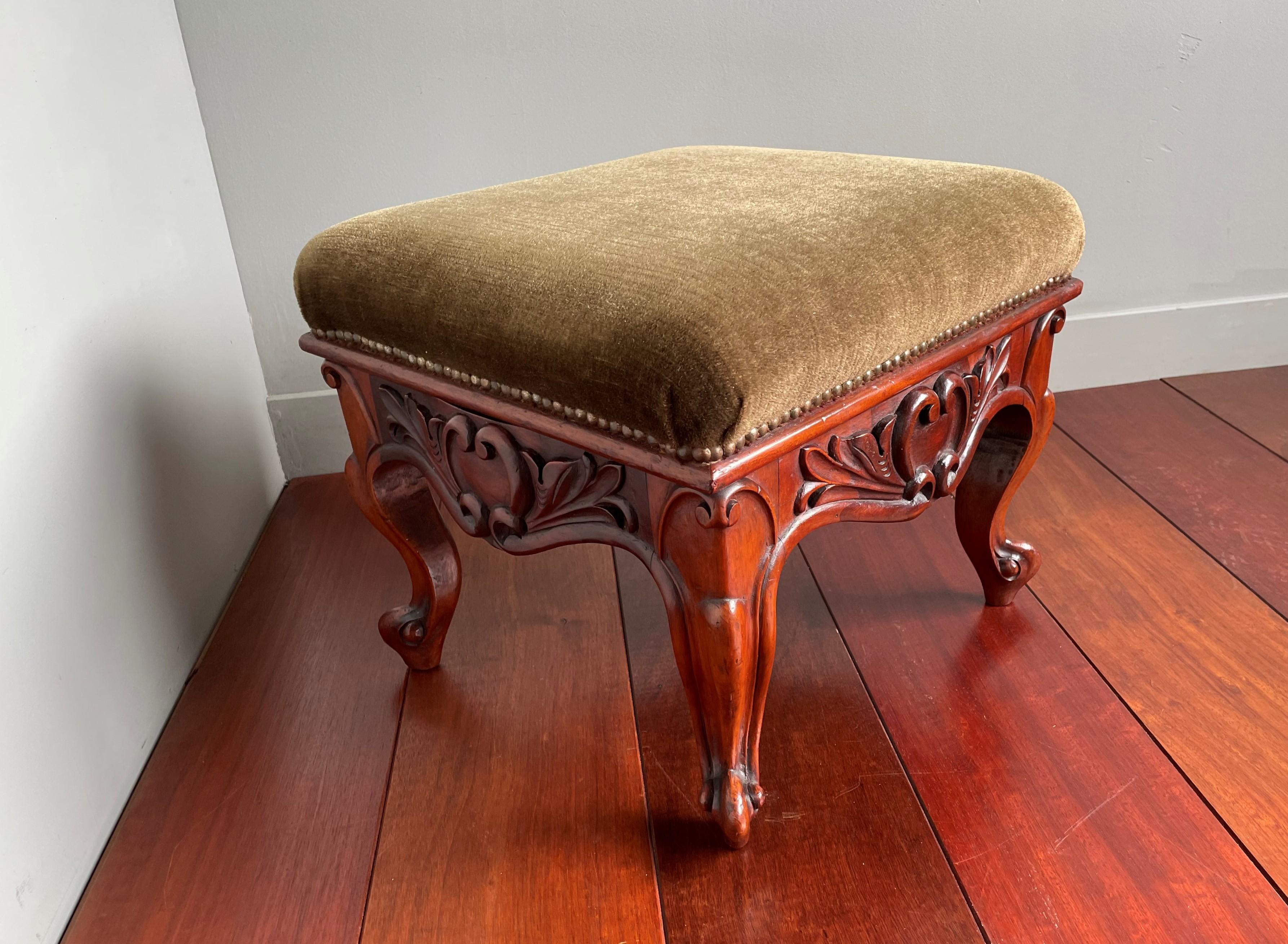 British Antique Hand Carved Solid Walnut Footstool / Stool with Perfect Upholstery For Sale