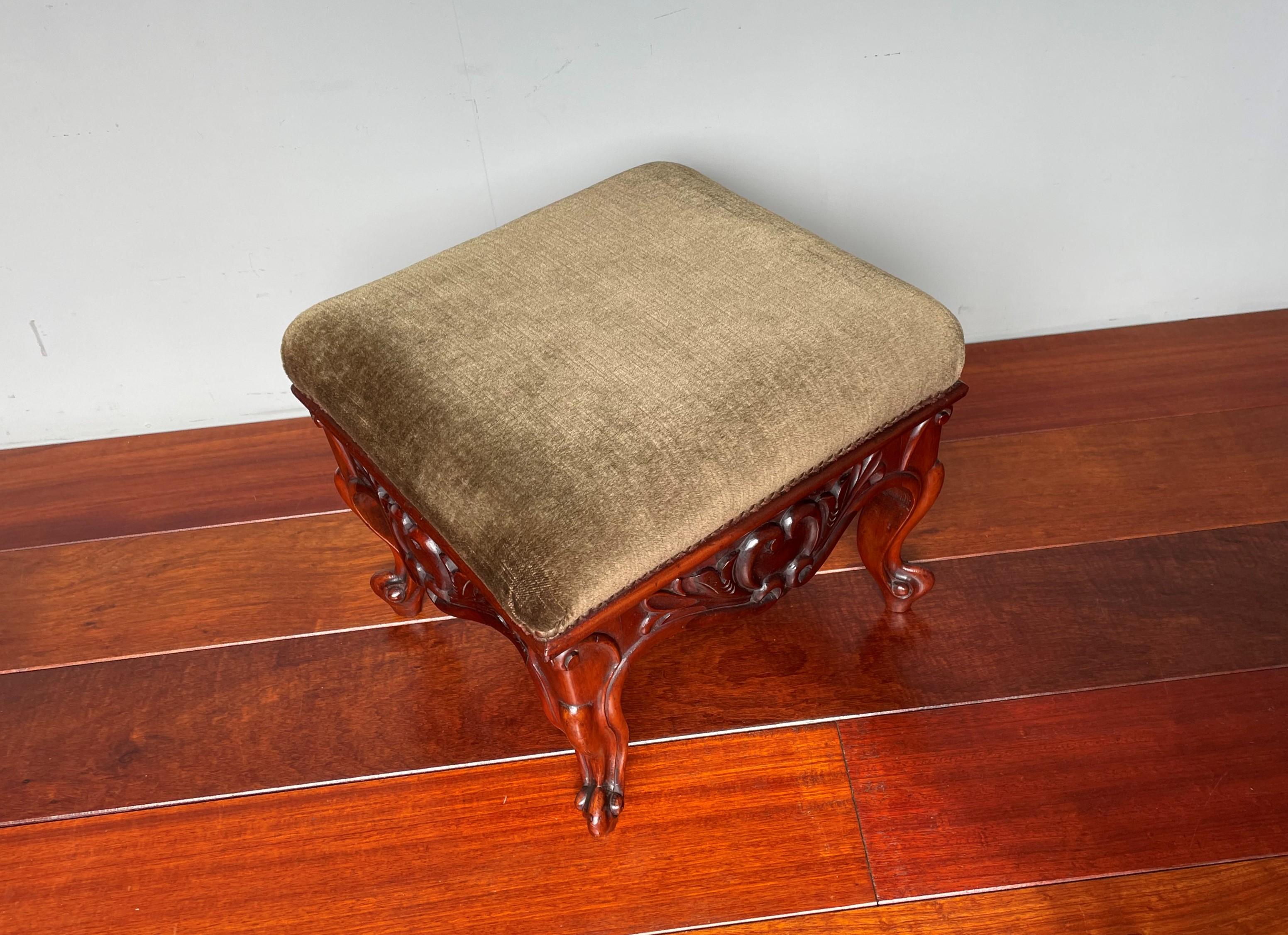 Hand-Crafted Antique Hand Carved Solid Walnut Footstool / Stool with Perfect Upholstery For Sale