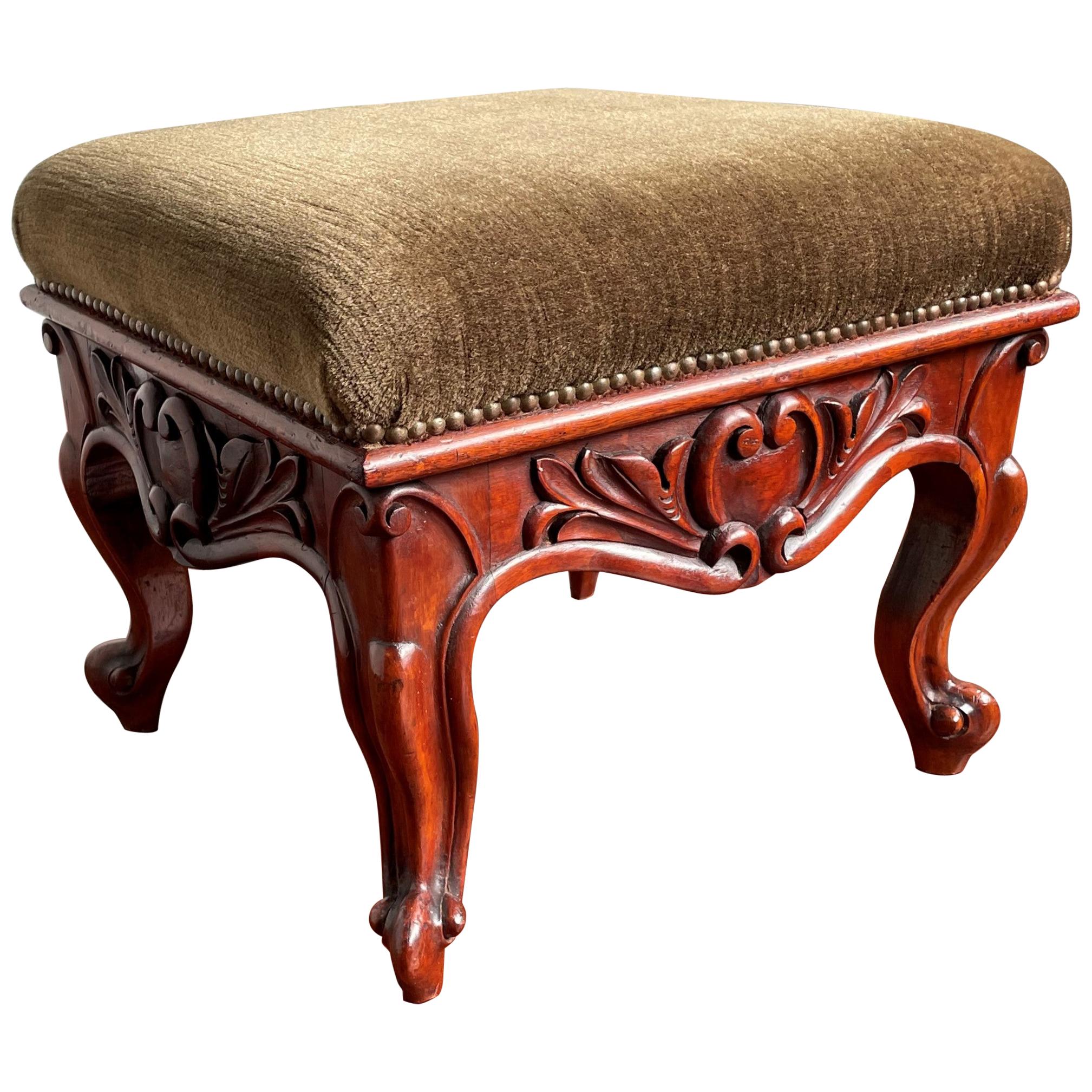 Antique Hand Carved Solid Walnut Footstool / Stool with Perfect Upholstery For Sale