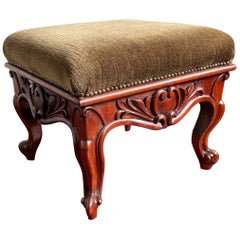 Used Hand Carved Solid Walnut Footstool / Stool with Perfect Upholstery