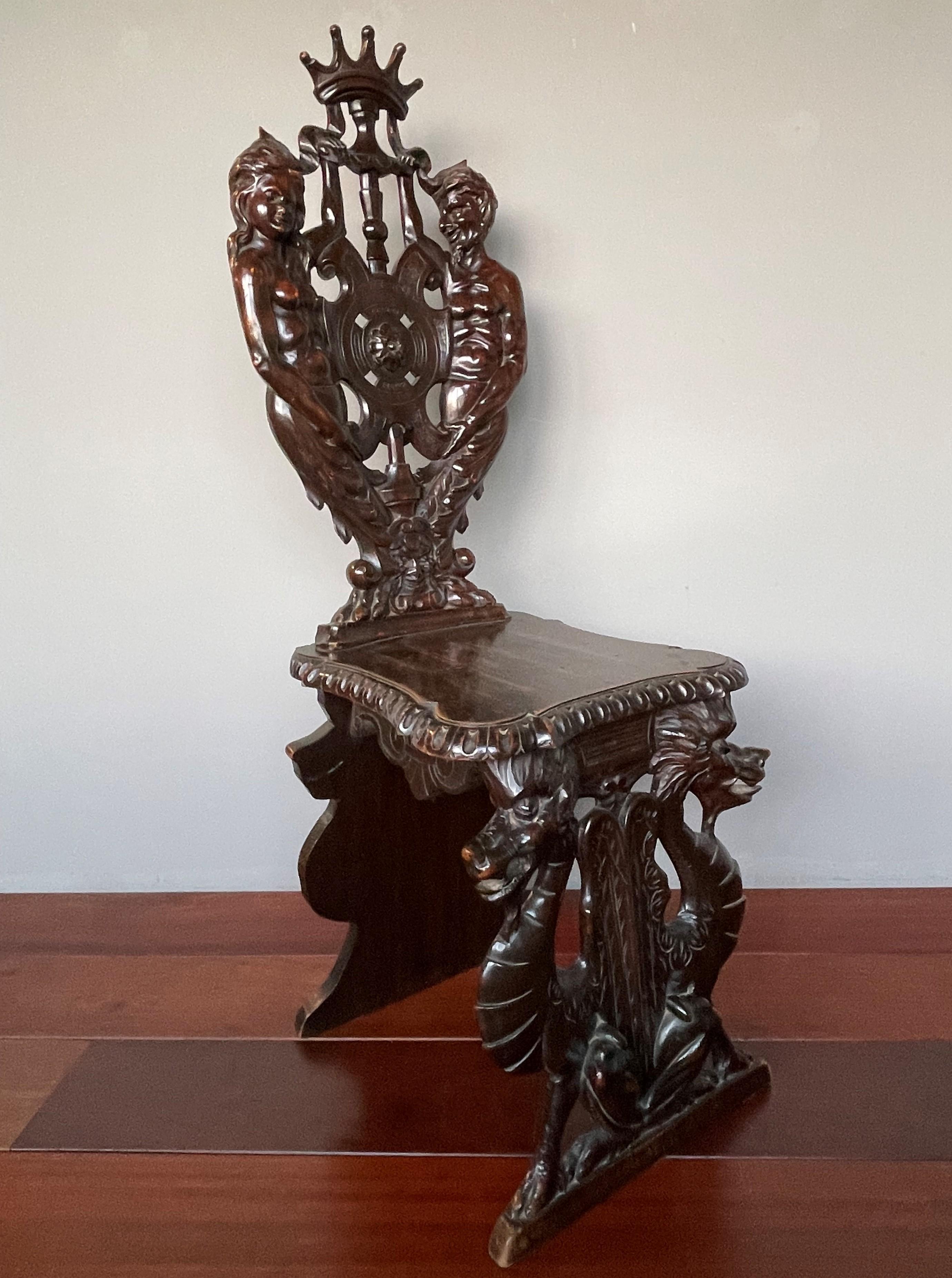 Stunning Hand Carved Sulptural Hall Chair w. Gothic Chimera Dragon Sculptures For Sale 4