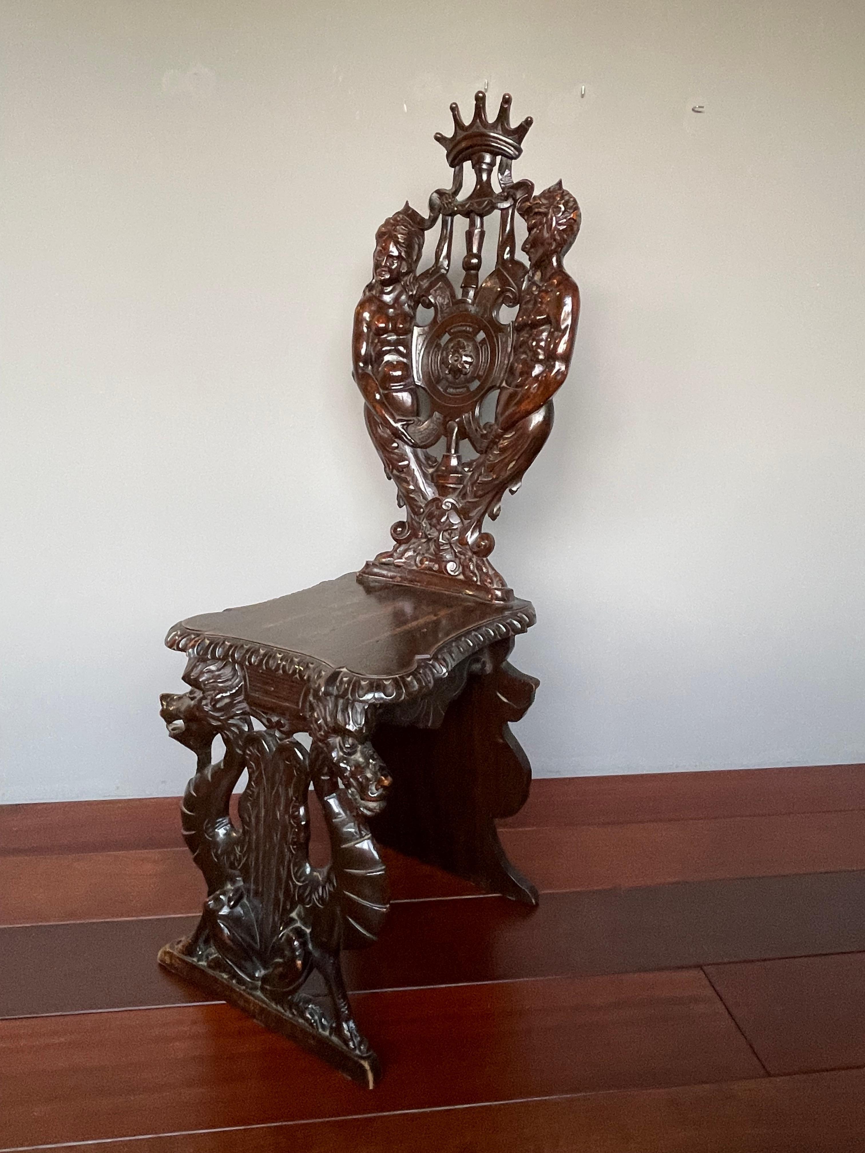 Stunning Hand Carved Sulptural Hall Chair w. Gothic Chimera Dragon Sculptures For Sale 6