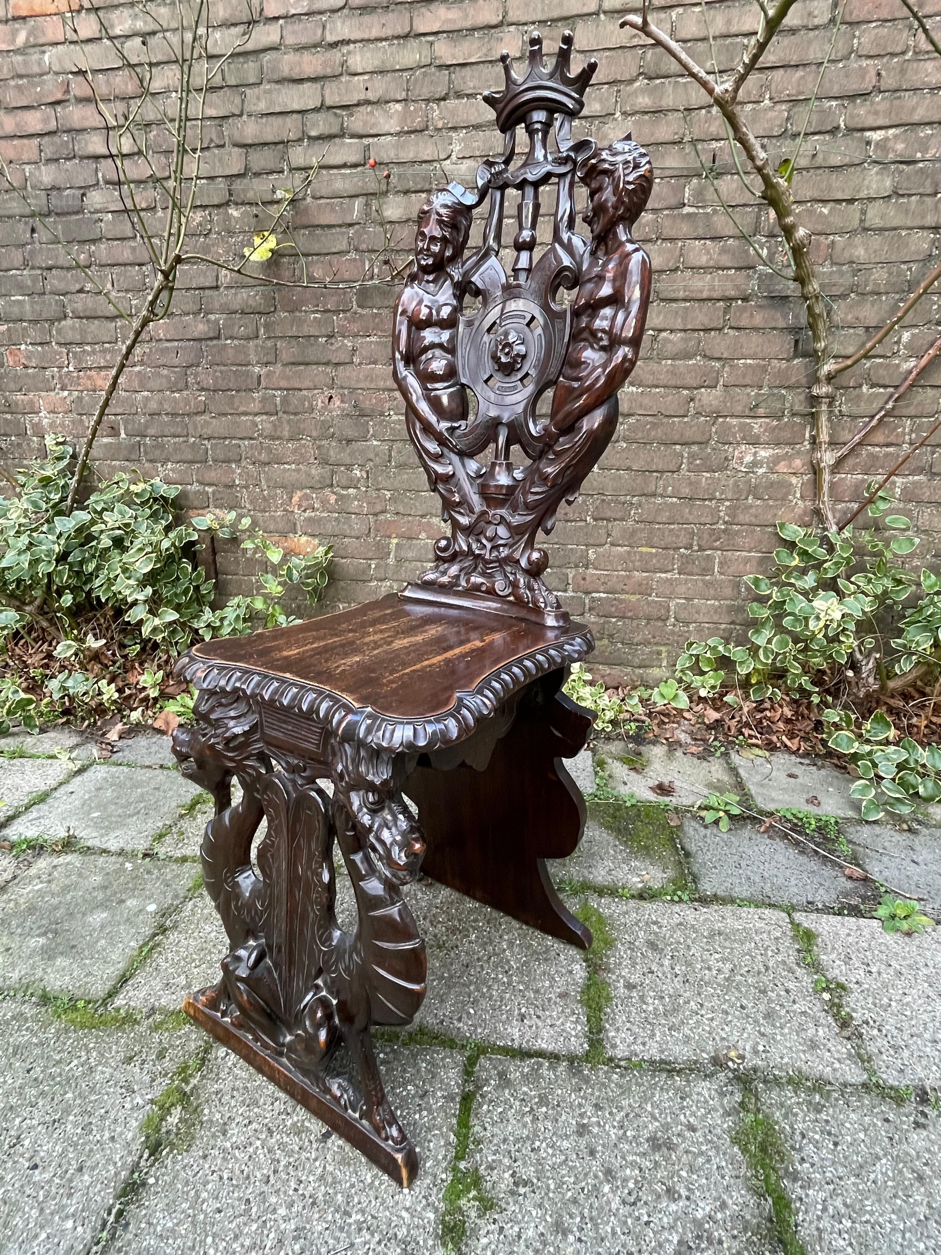 Stunning Hand Carved Sulptural Hall Chair w. Gothic Chimera Dragon Sculptures For Sale 9