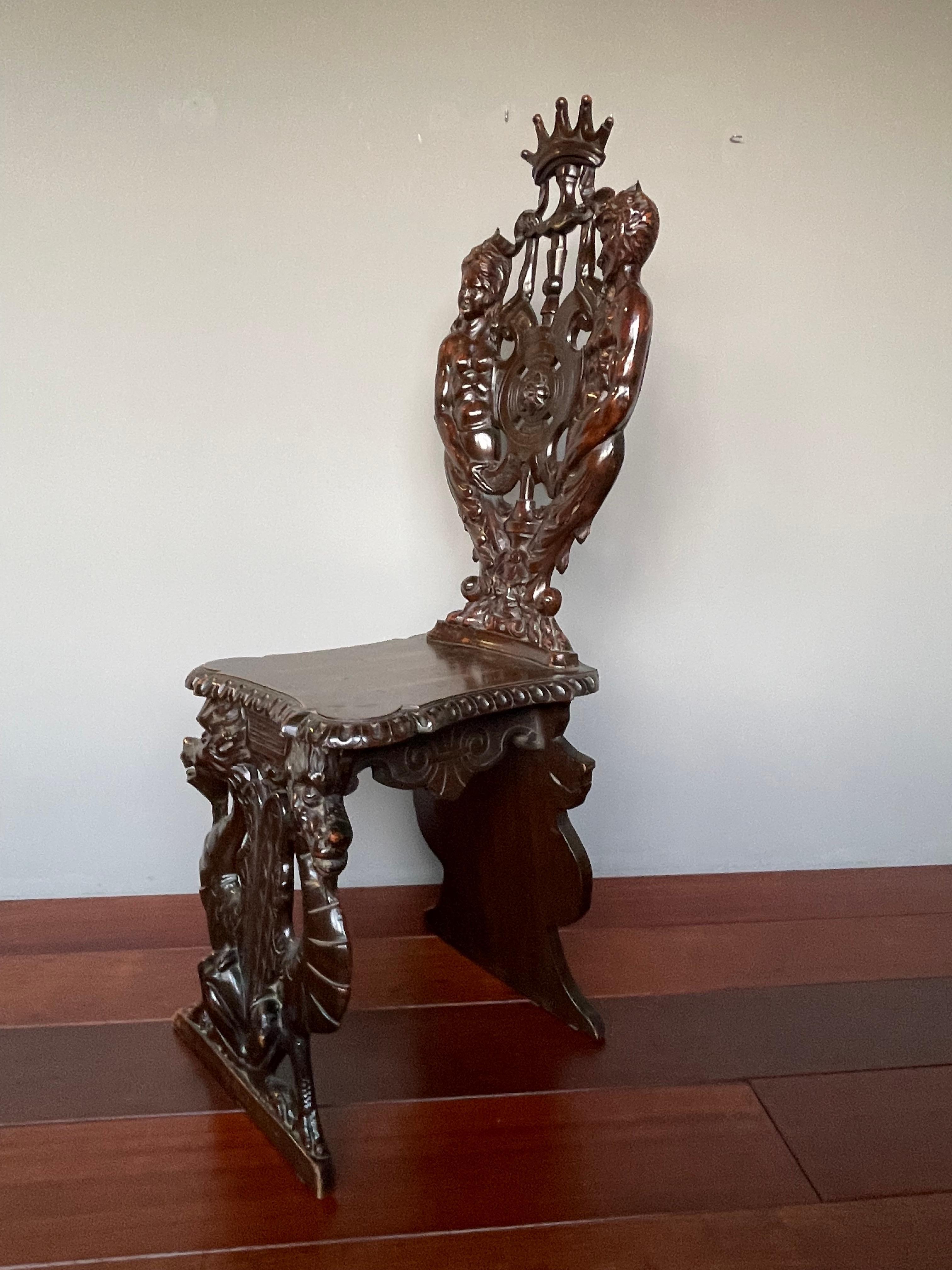 Stunning Hand Carved Sulptural Hall Chair w. Gothic Chimera Dragon Sculptures For Sale 10
