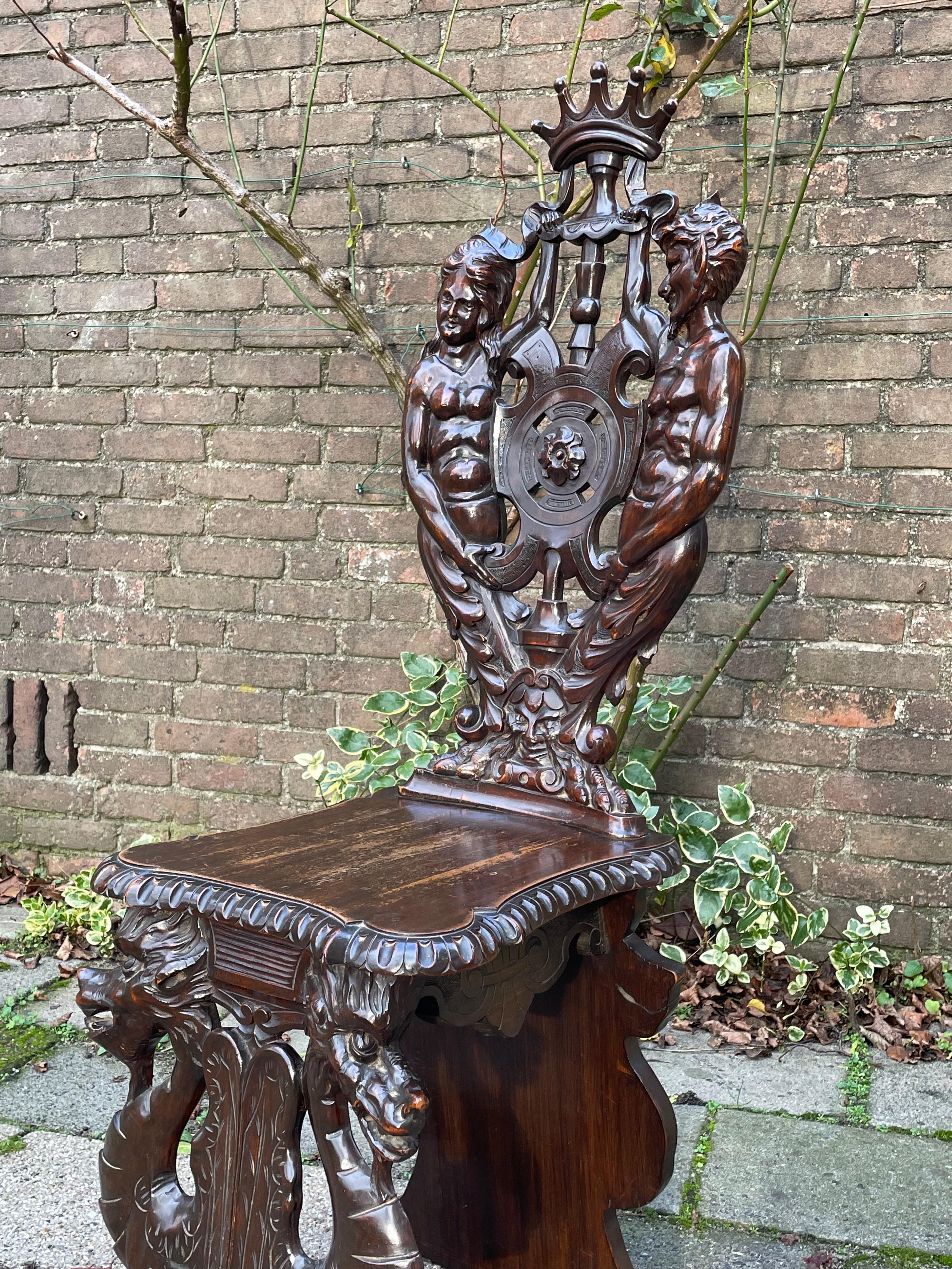 Stunning Hand Carved Sulptural Hall Chair w. Gothic Chimera Dragon Sculptures For Sale 11