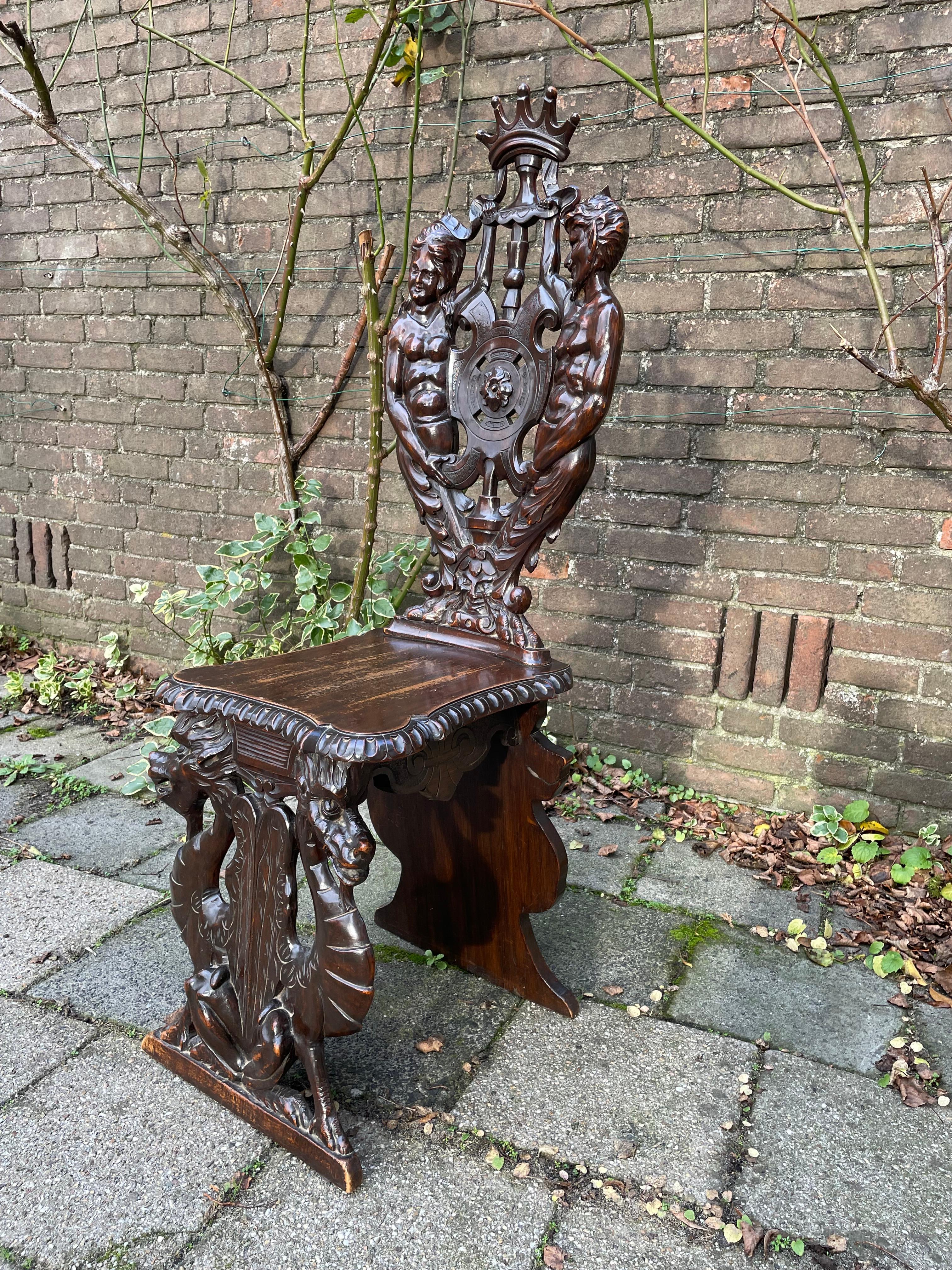 Neoclassical Revival Stunning Hand Carved Sulptural Hall Chair w. Gothic Chimera Dragon Sculptures For Sale