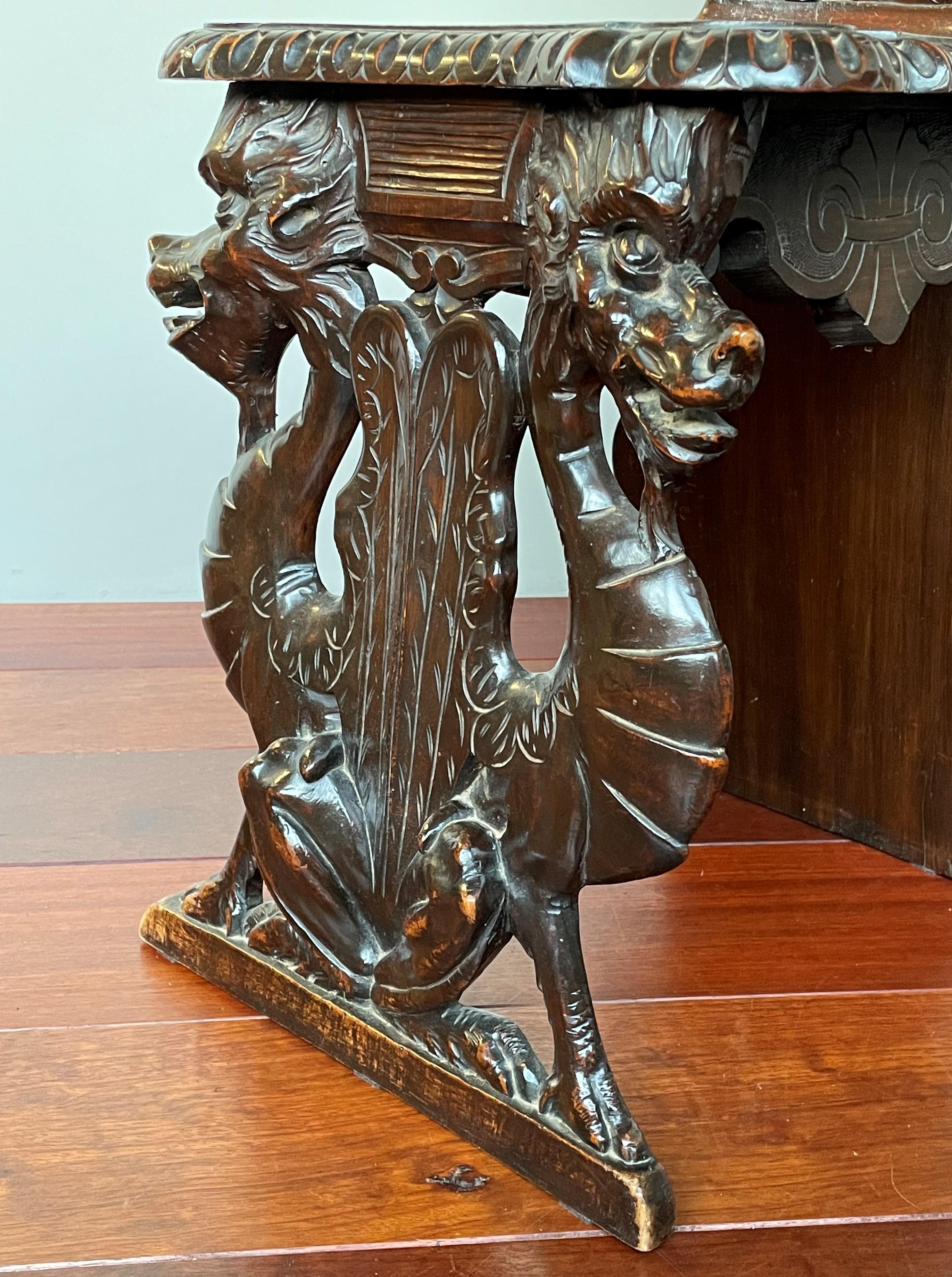 Hand-Carved Stunning Hand Carved Sulptural Hall Chair w. Gothic Chimera Dragon Sculptures For Sale