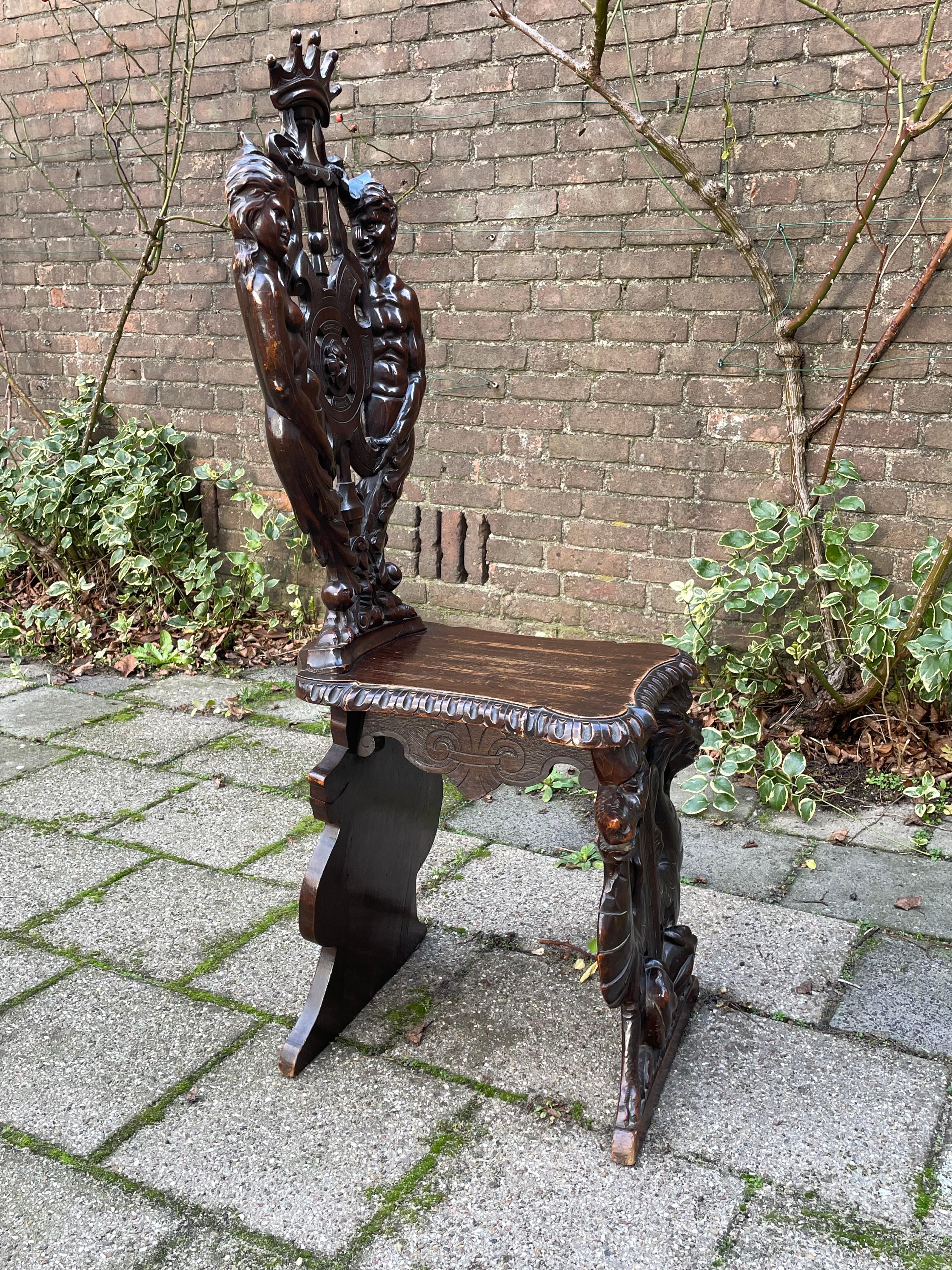 Wood Stunning Hand Carved Sulptural Hall Chair w. Gothic Chimera Dragon Sculptures For Sale