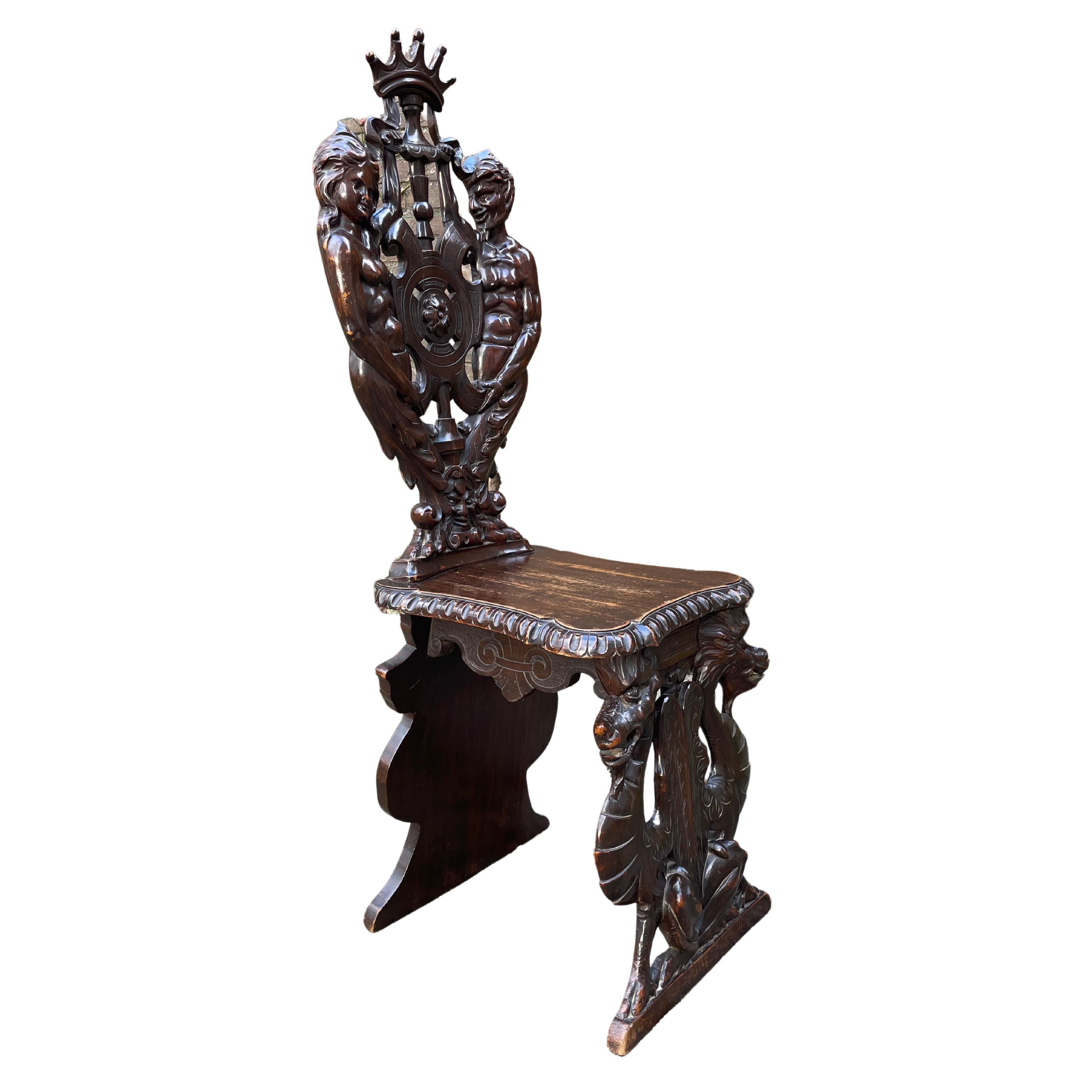 Stunning Hand Carved Sulptural Hall Chair w. Gothic Chimera Dragon Sculptures