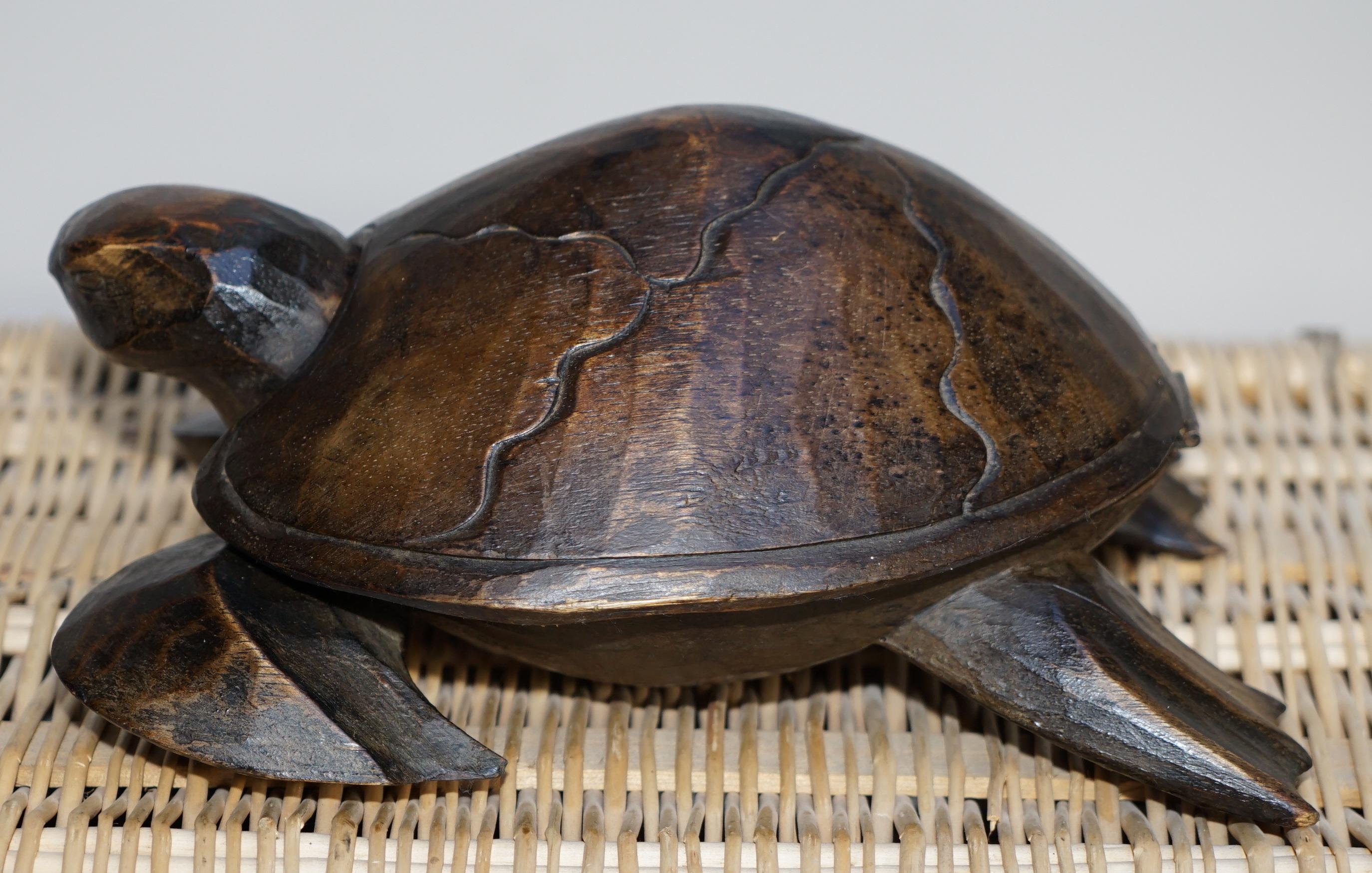 20th Century Stunning Hand Carved Vintage Wood of Sea Turtle, Back Lifts Up Small Compartment